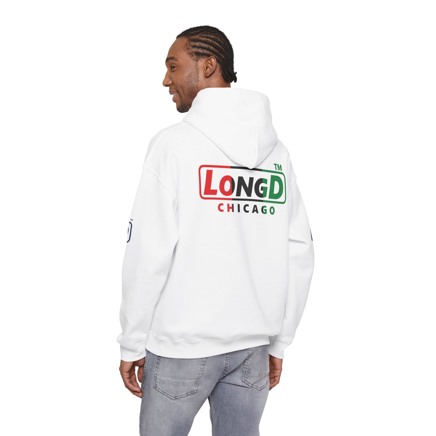 LongD® positive vertical 3-striped 4-print single-breasted Chicago logo Hoodie (Juneteenth colors)