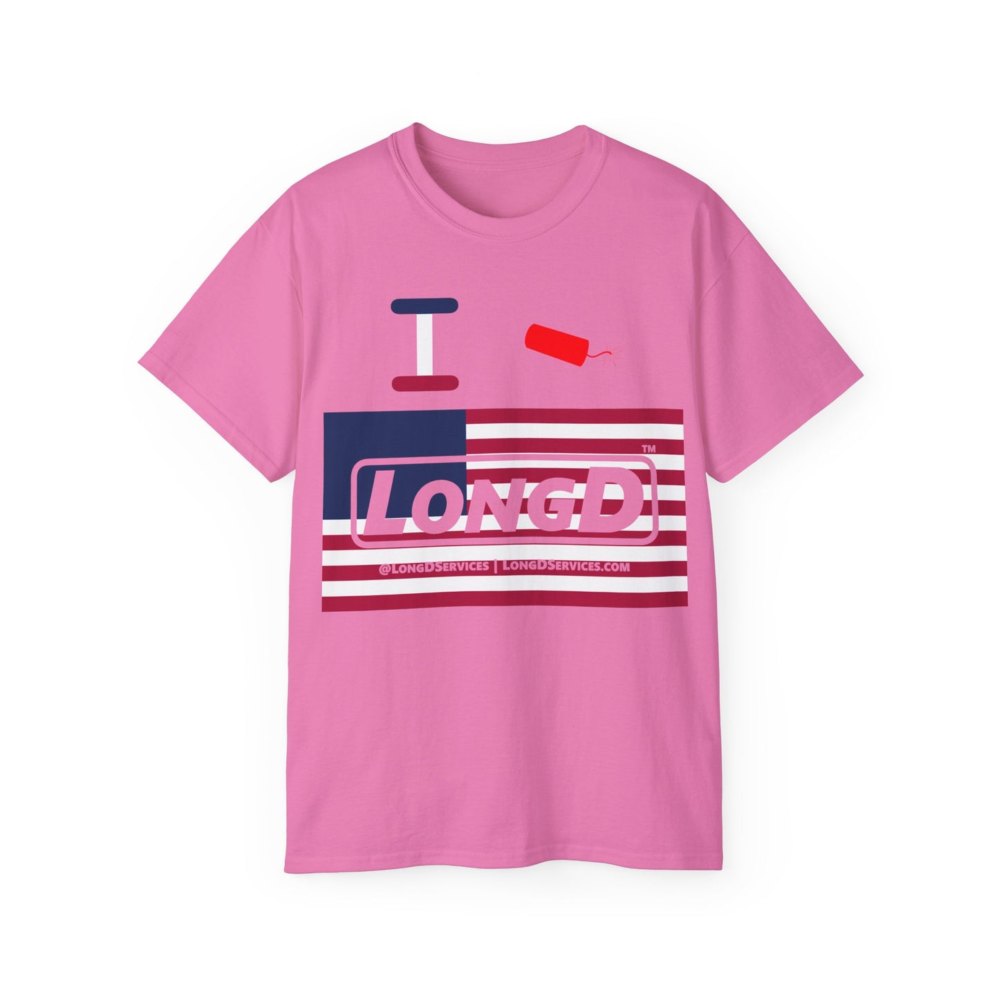 I Firecracker LongD® Logo Cotton Tee Red, White and Blue negative flag text
