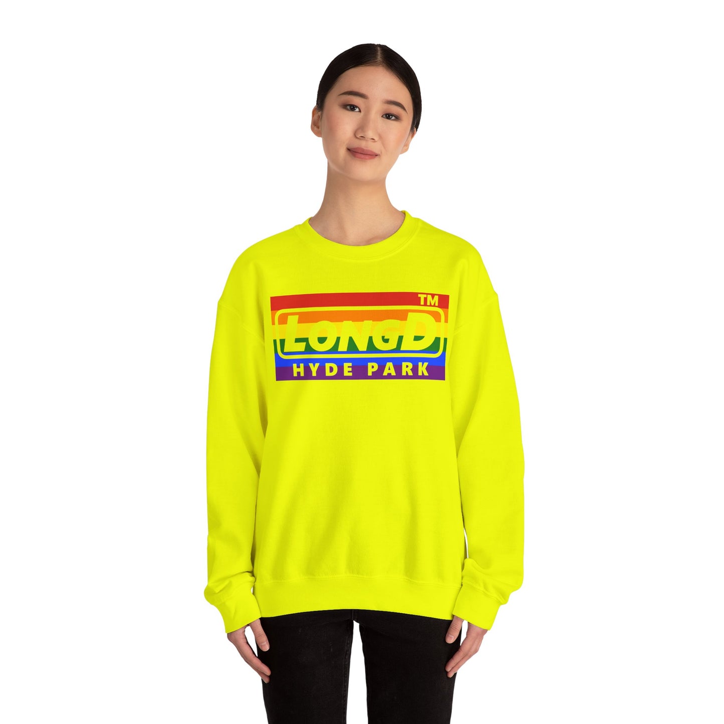 LongD negative horizontal striped Hyde Park logo crewneck sweatshirt (Pride colors)