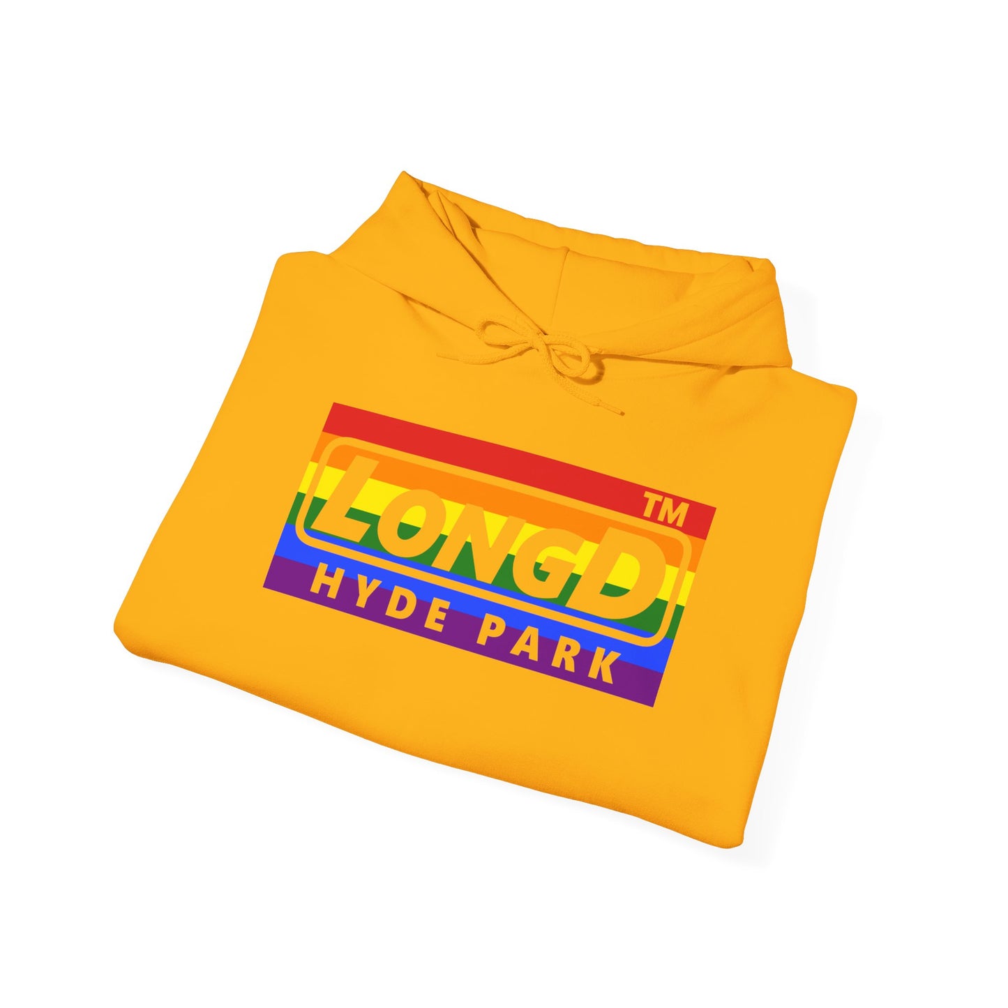 LongD® negative horizontal striped Hyde Park logo hoodie (Pride colors)