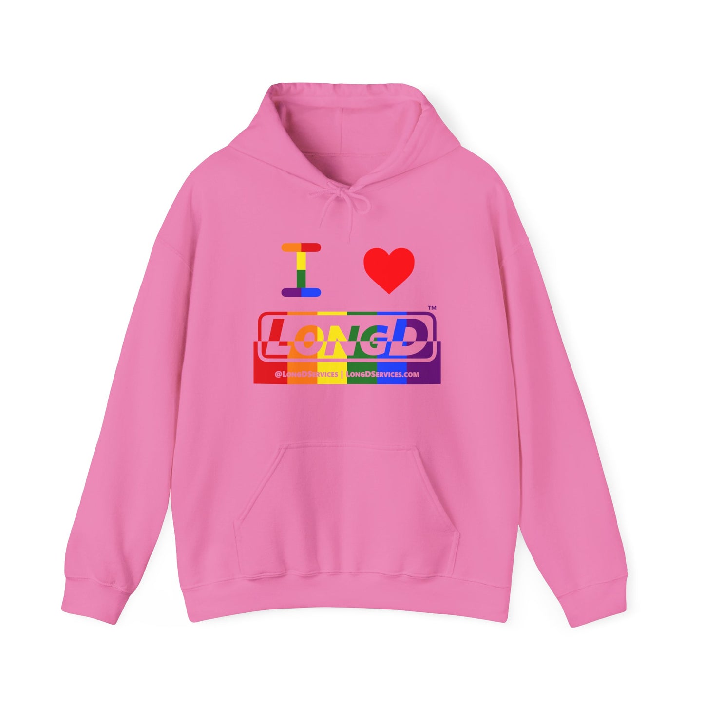 I Luv LongD® Logo Hoodie with Pride rainbow positive top negative bottom text