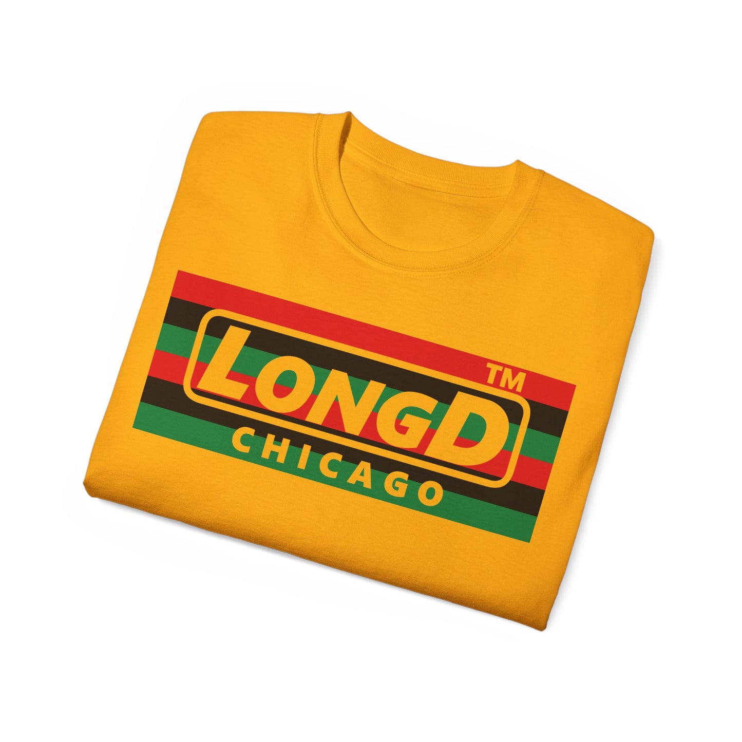 LongD negative horizontal 6-striped Chicago logo cotton tee (Juneteenth colors)