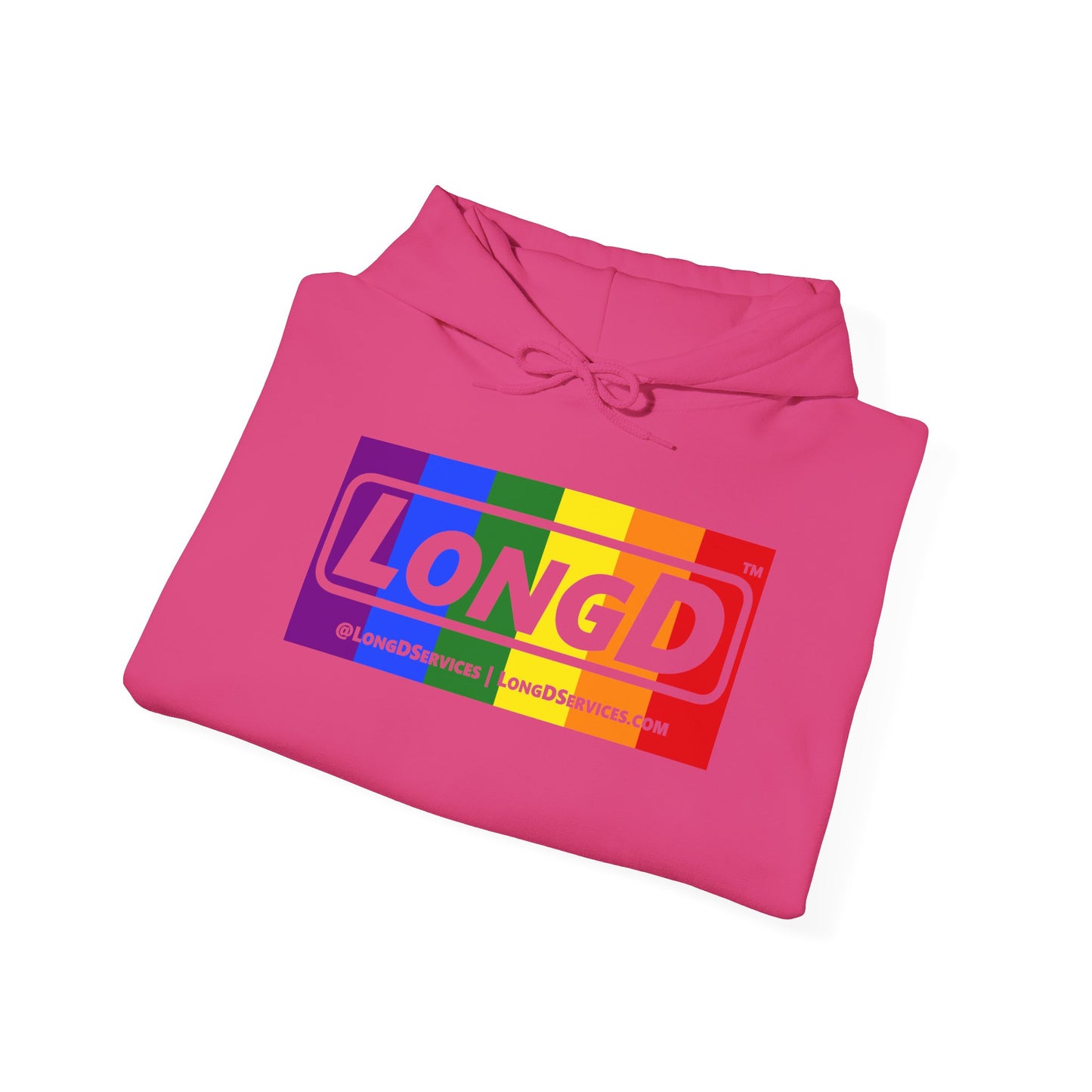 LongD® Logo Hoodie with Pride rainbow negative text