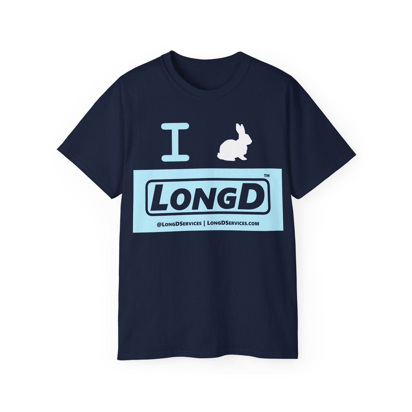 I Bunny LongD® Logo Cotton Tee Easter pastel blue negative text (white Easter Bunny)