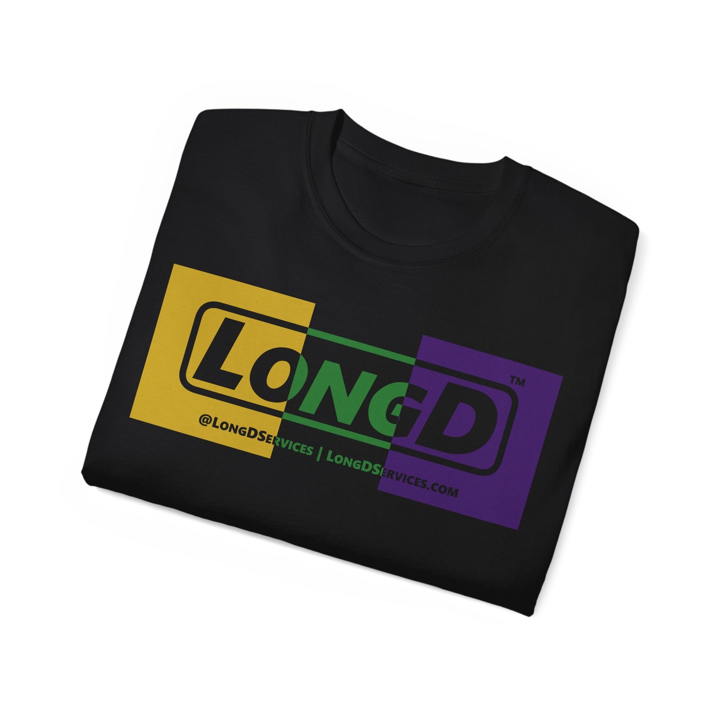 LongD® Logo Cotton Tee (positive center and negative outer Mardi Gras colored text)