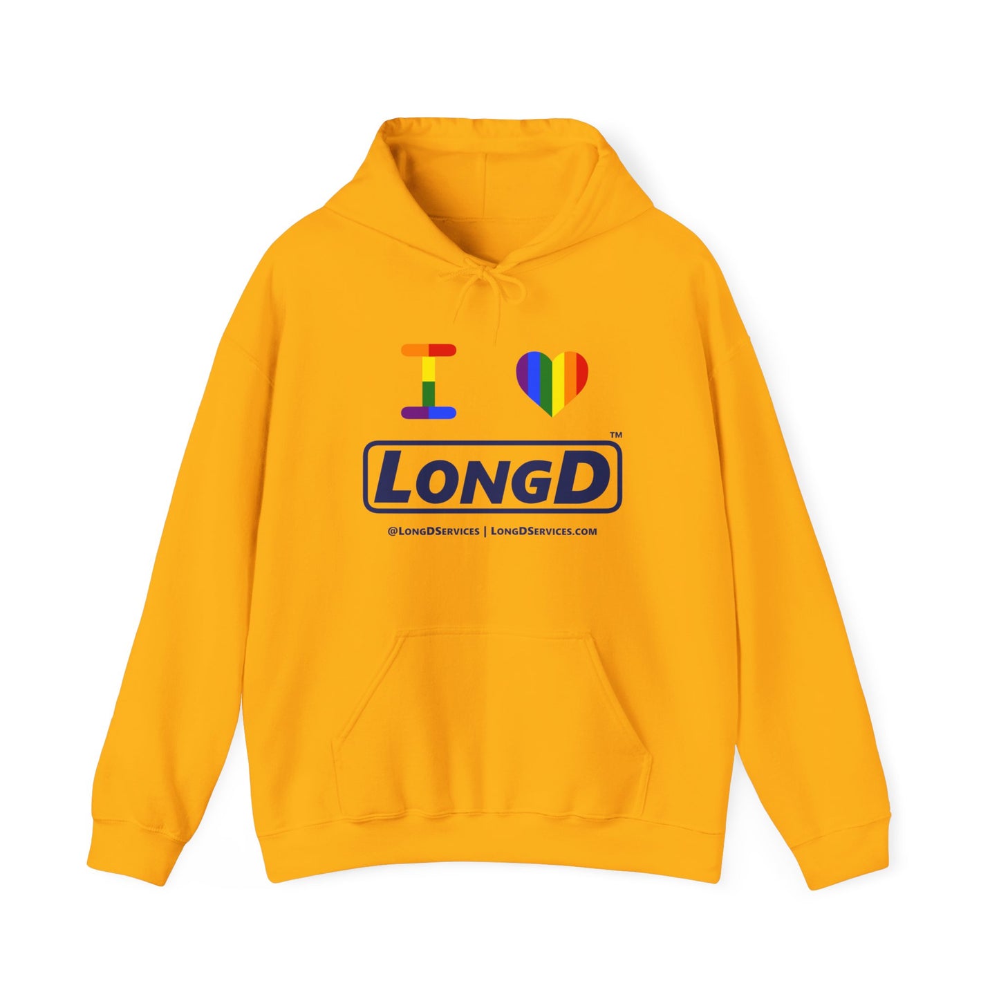 I Luv LongD® Official Logo Hoodie with Pride rainbow heart and positive text