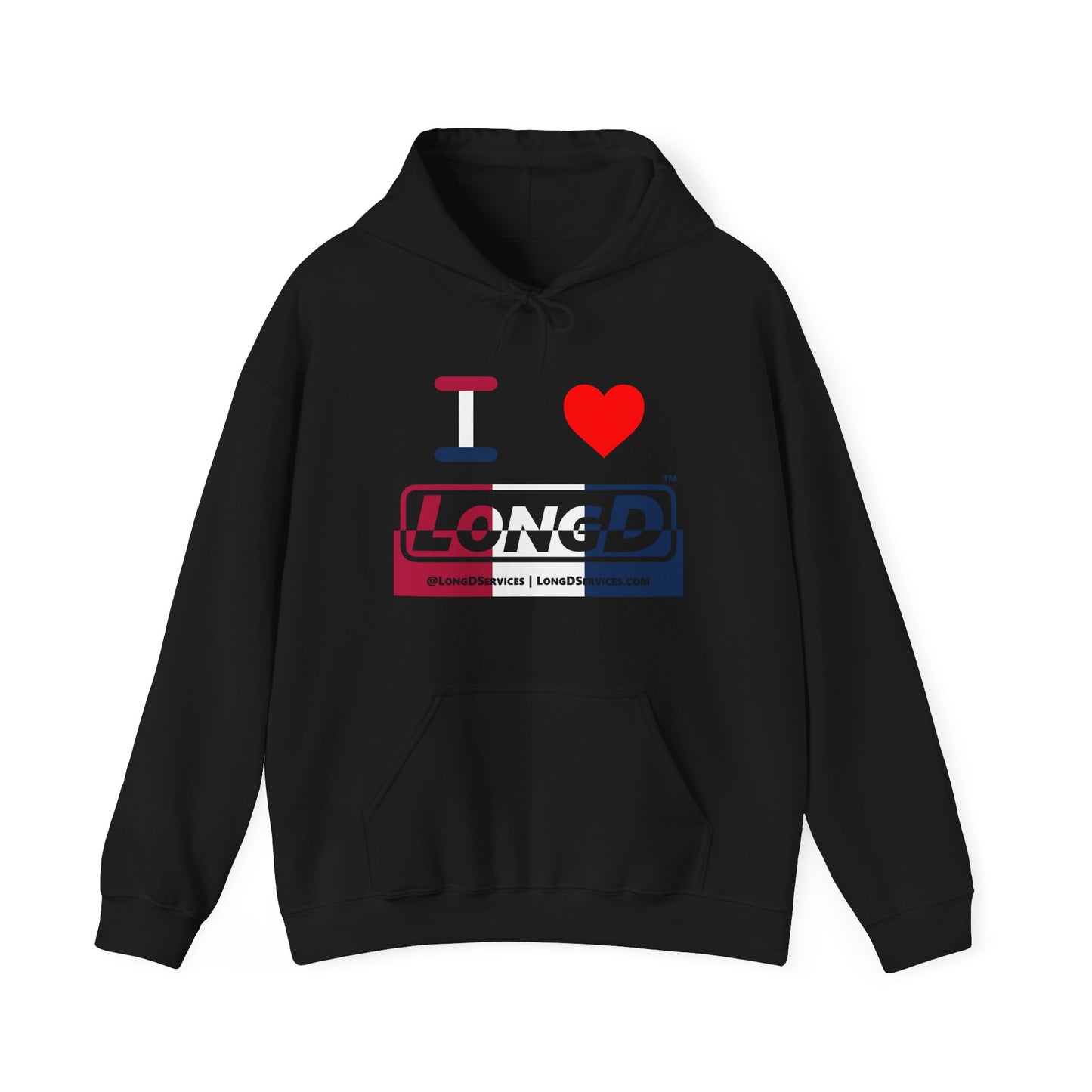 I Luv LongD® Logo Hoodie red, white and blue positive top negative bottom thirds