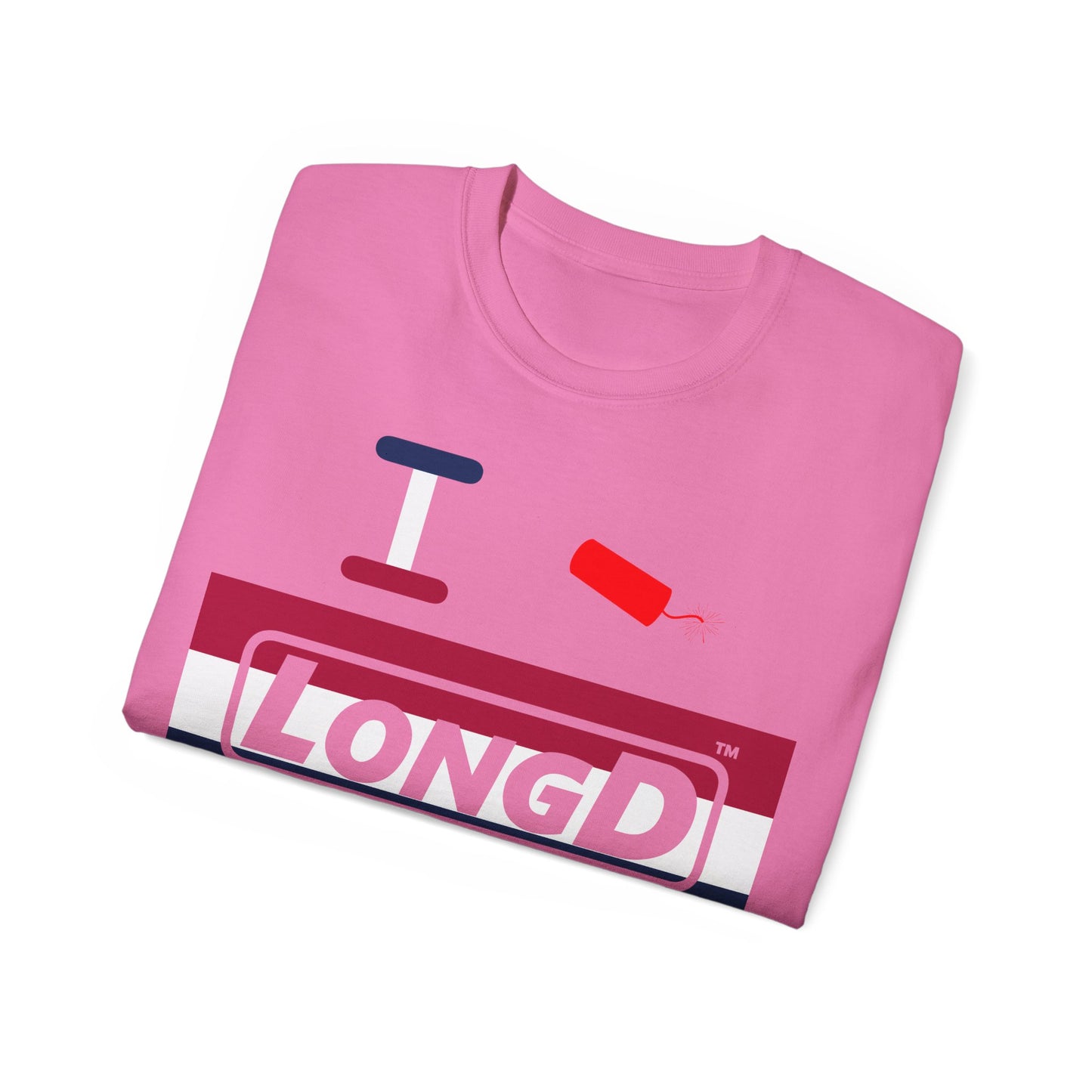 I Firecracker LongD® Logo Cotton Tee Red, White and Blue striped thirds text
