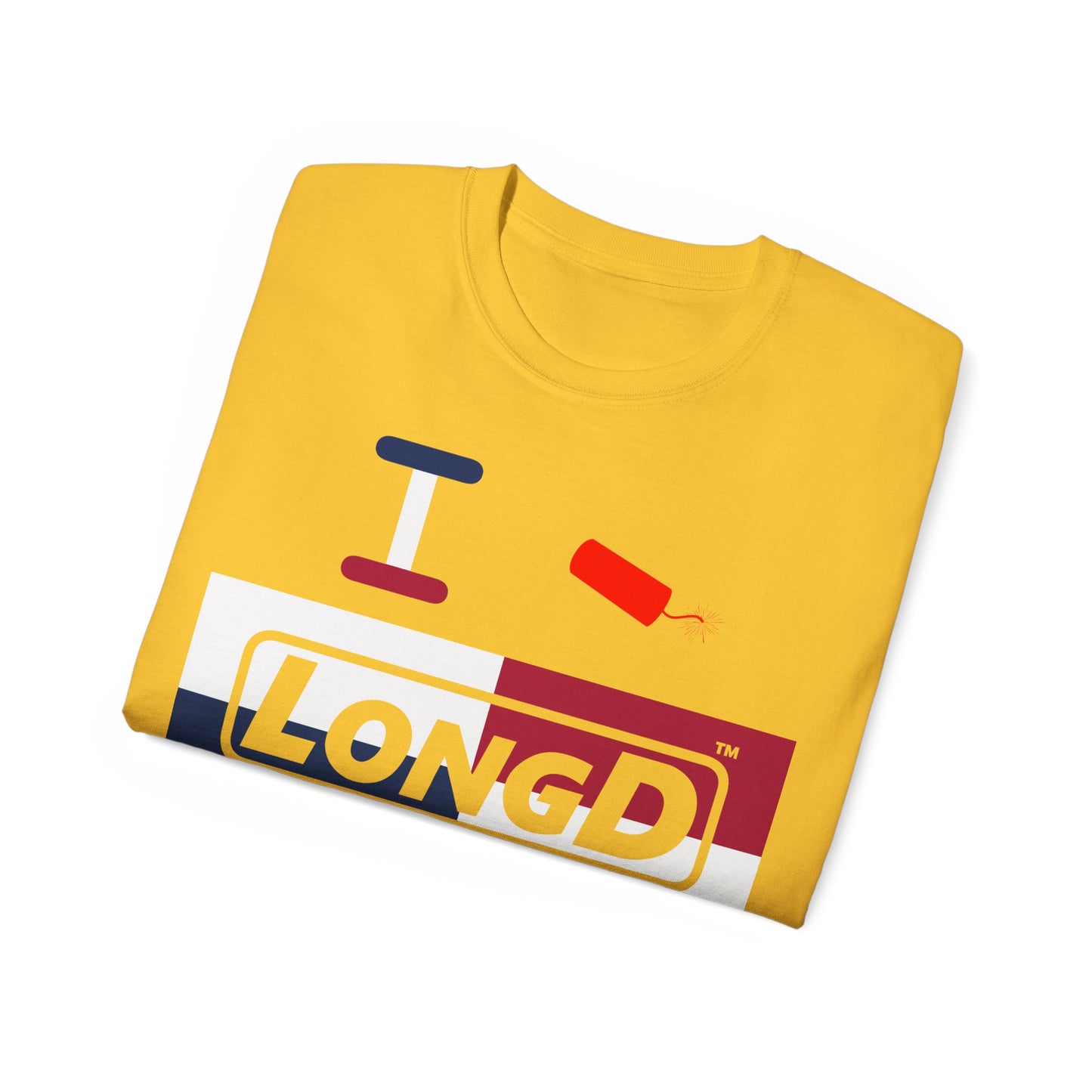 I Firecracker LongD® Logo Cotton Tee Red, White and Blue negative quarters text