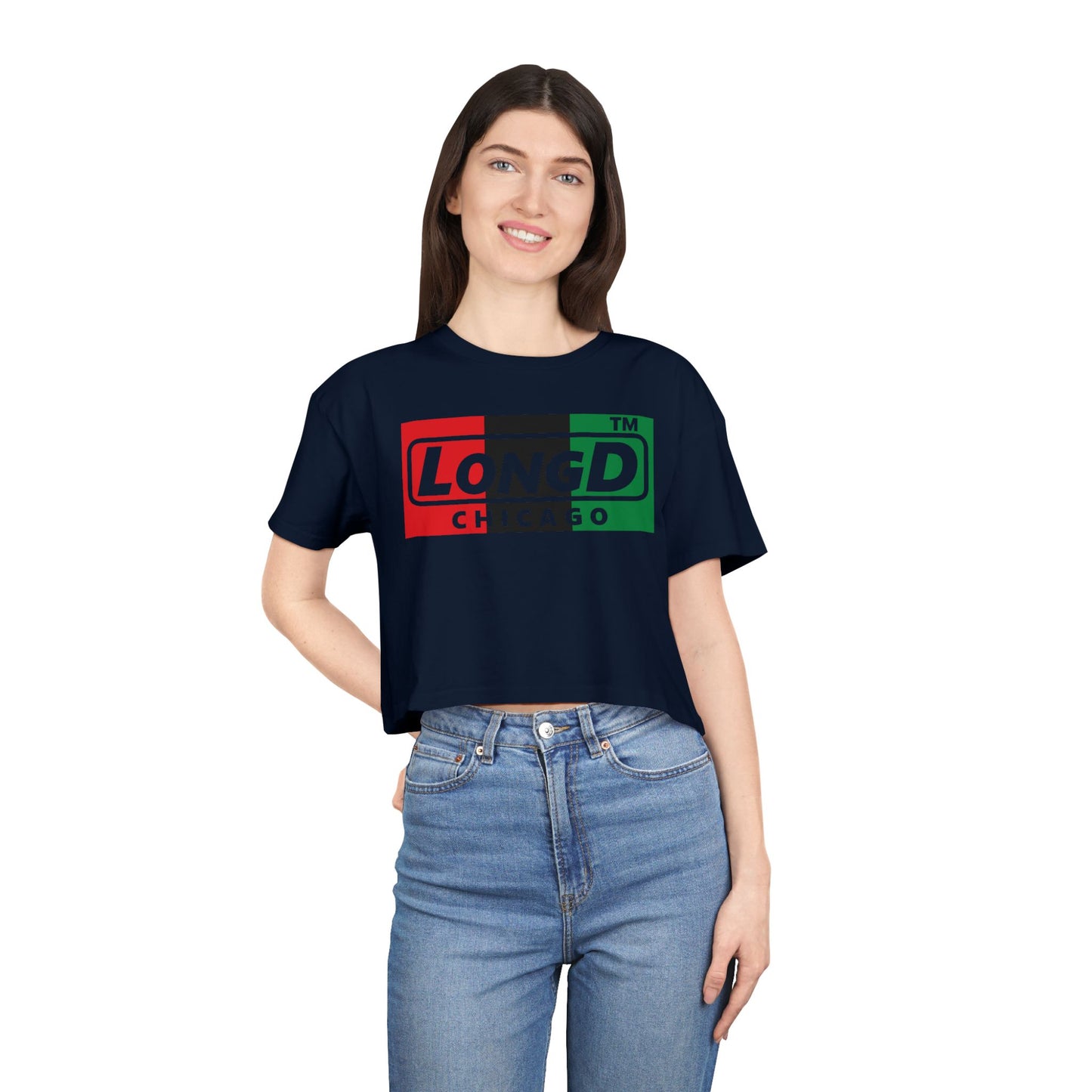 LongD negative vertical 3-striped Chicago logo crop tee (Juneteenth colors)