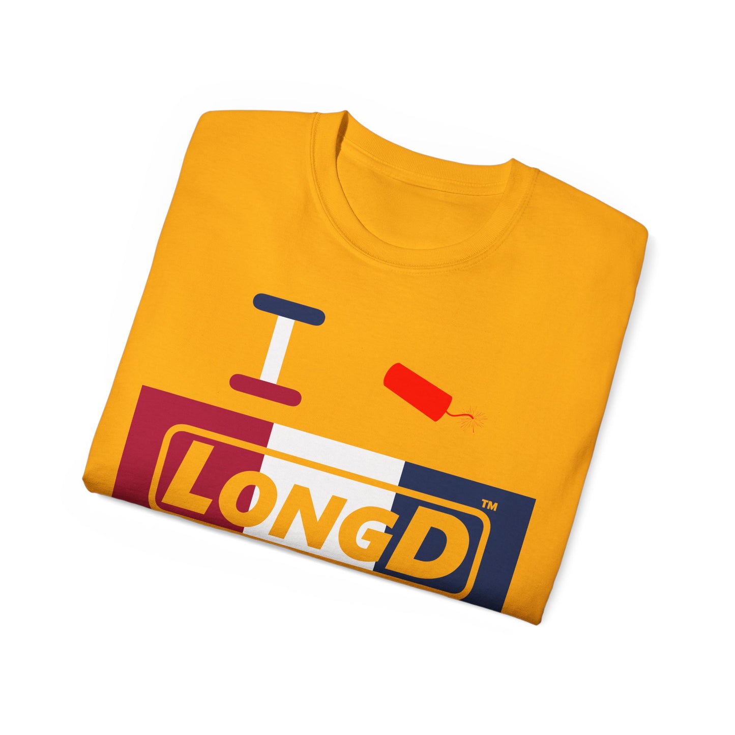 I Firecracker LongD® Logo Cotton Tee Red, White and Blue negative thirds text