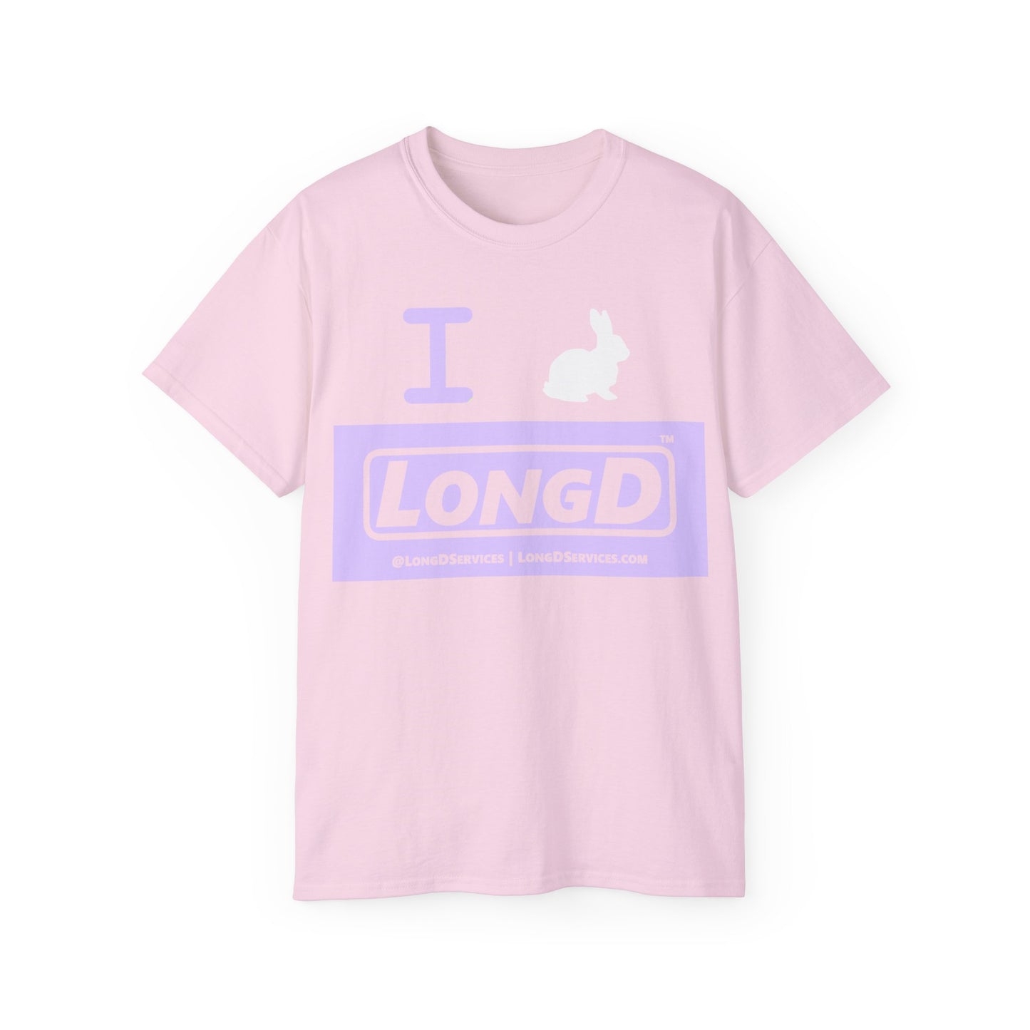 I Bunny LongD® Logo Cotton Tee Easter pastel purple negative text (white Easter Bunny)