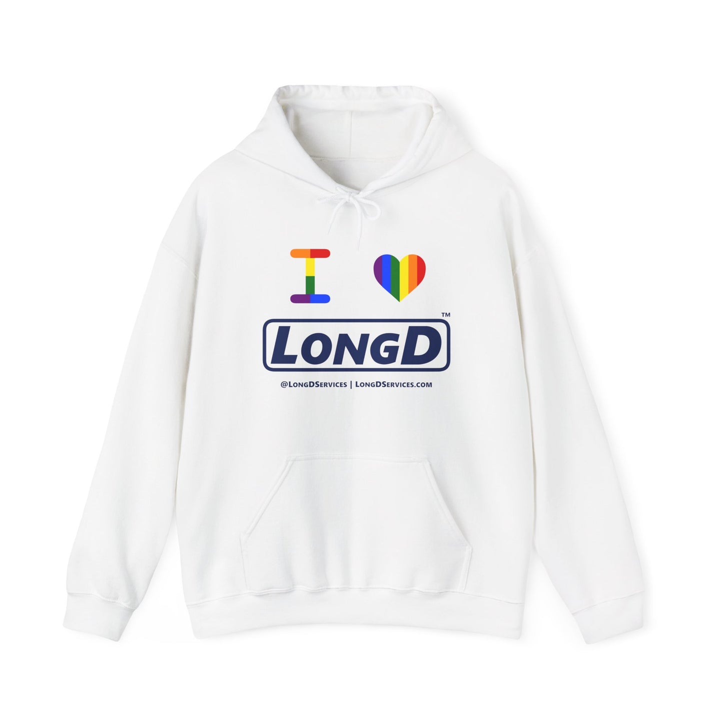I Luv LongD® Official Logo Hoodie with Pride rainbow heart and positive text