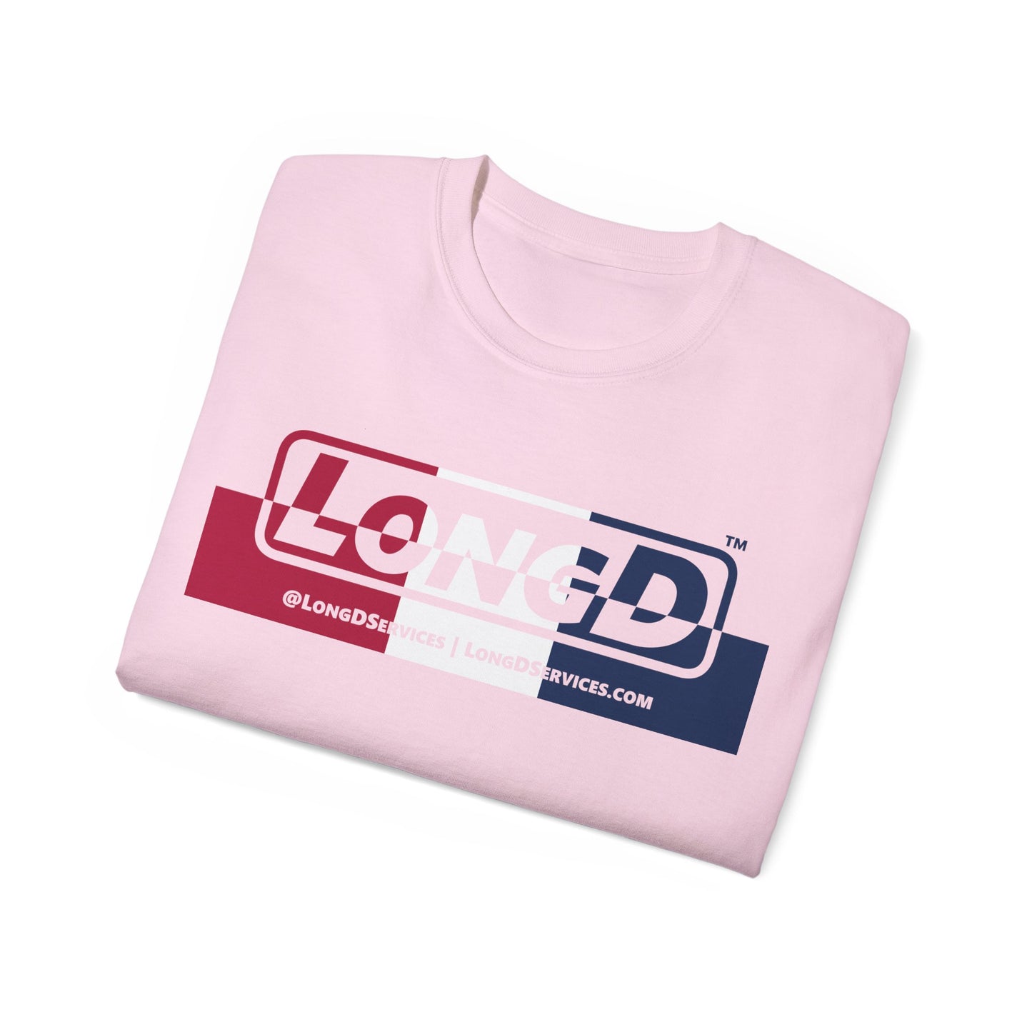 LongD® Logo Cotton Tee Red, White and Blue positive top negative bottom thirds text