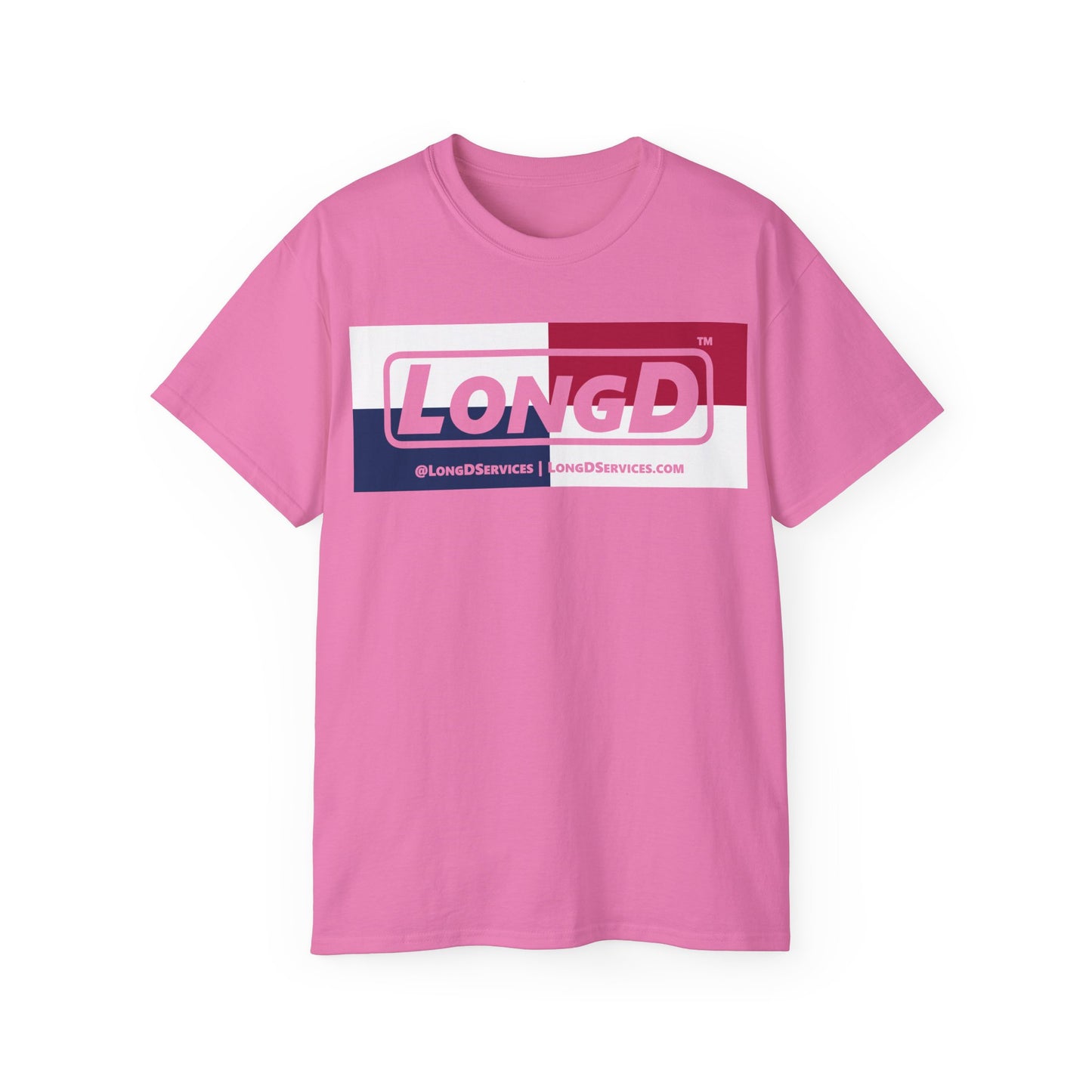 LongD® Logo Cotton Tee Red, White and Blue negative quarters text