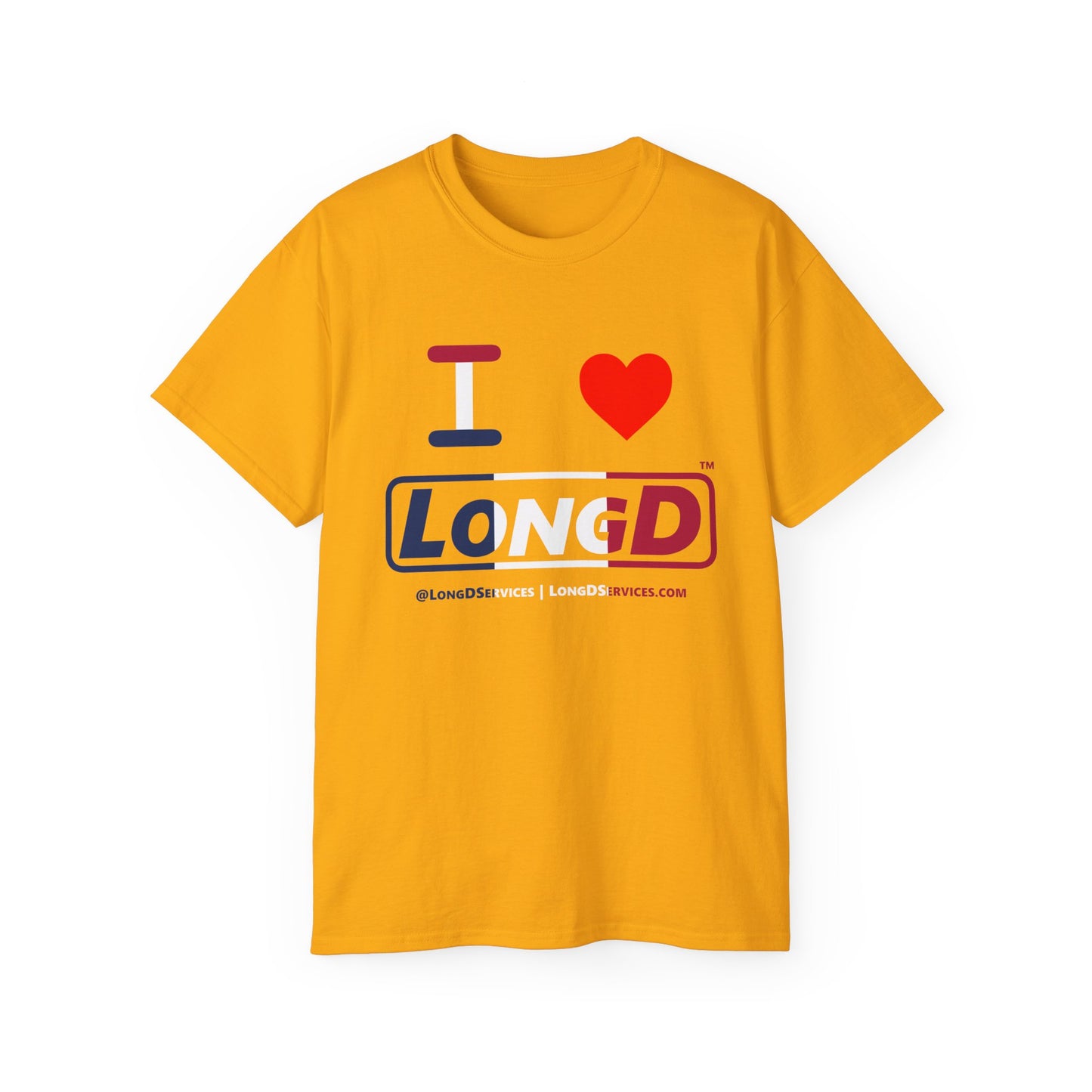 I Luv LongD® Logo Cotton Tee Blue, White and Red positive thirds text