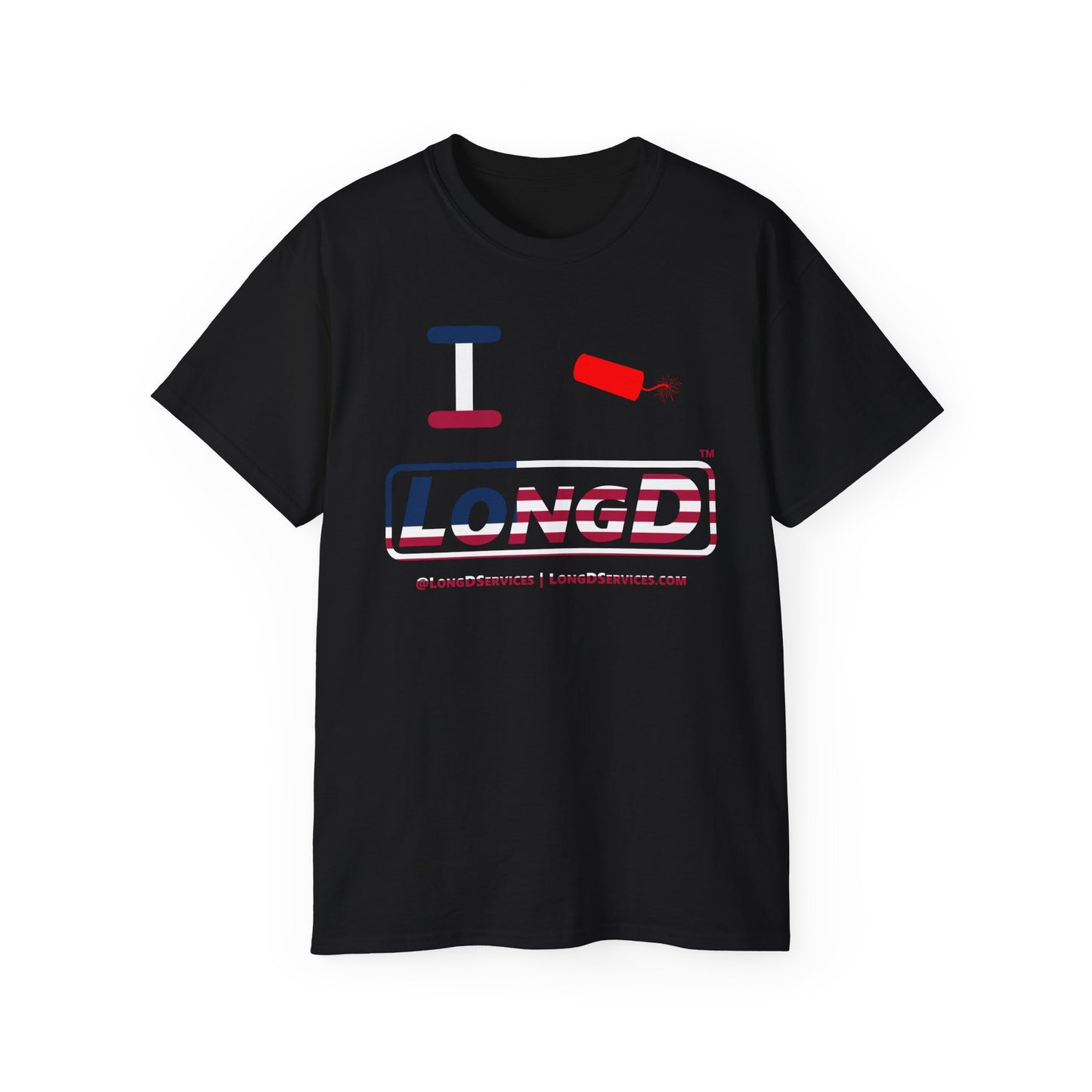 I Firecracker LongD® Logo Cotton Tee Red, White and Blue positive flag