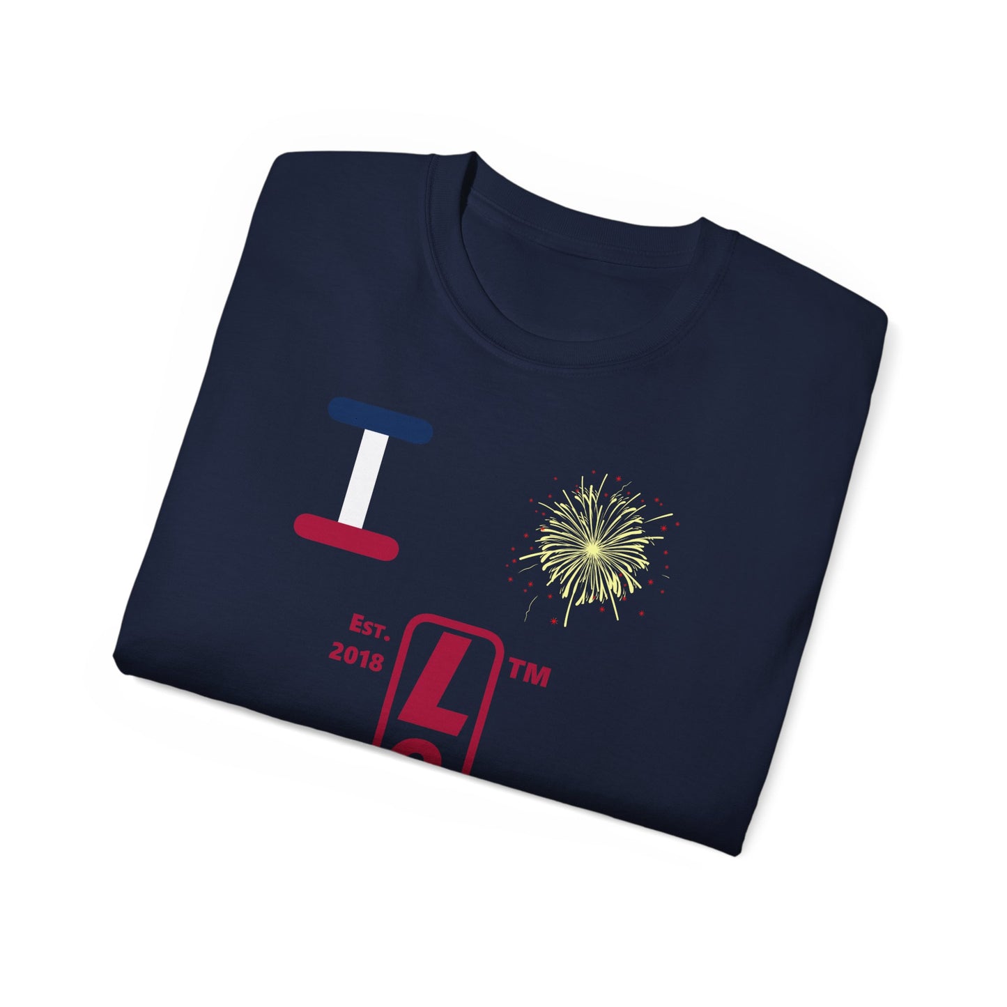 I Burst LongD cotton tee positive horizontal 3-striped Hyde Park upright logo (Patriotic colors)