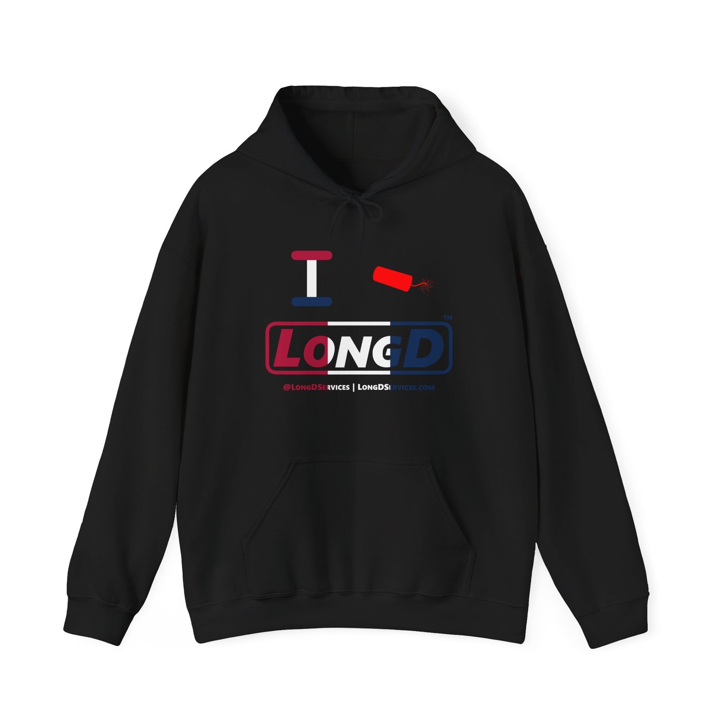 I Firecracker LongD® Logo Hoodie red, white and blue positive thirds