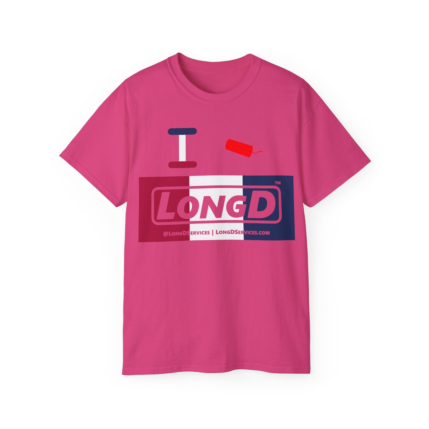 I Firecracker LongD® Logo Cotton Tee Red, White and Blue negative thirds text