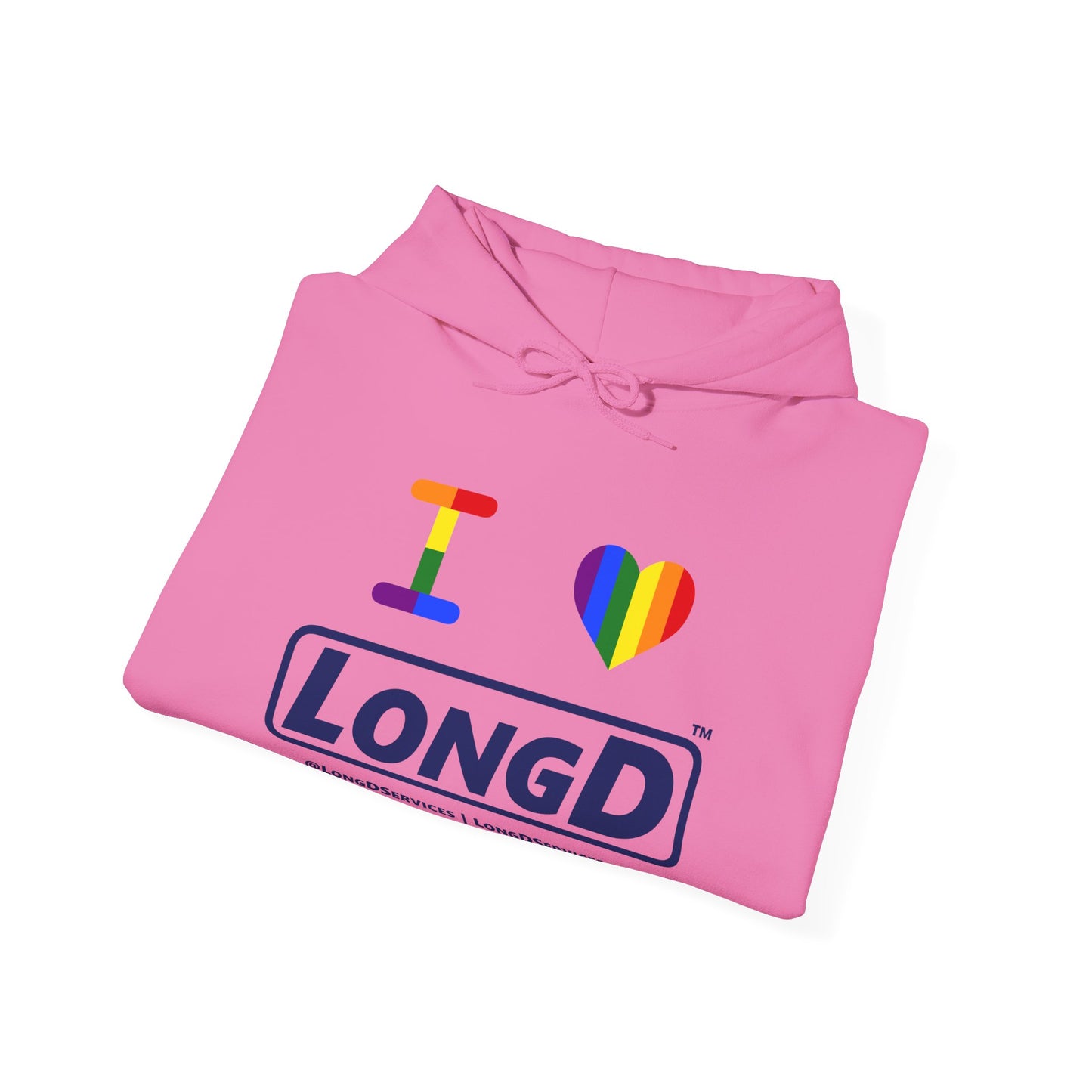 I Luv LongD® Official Logo Hoodie with Pride rainbow heart and positive text