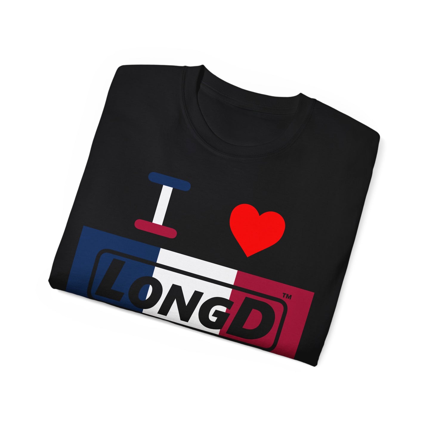 I Luv LongD® Logo Cotton Tee Blue, White and Red negative thirds text
