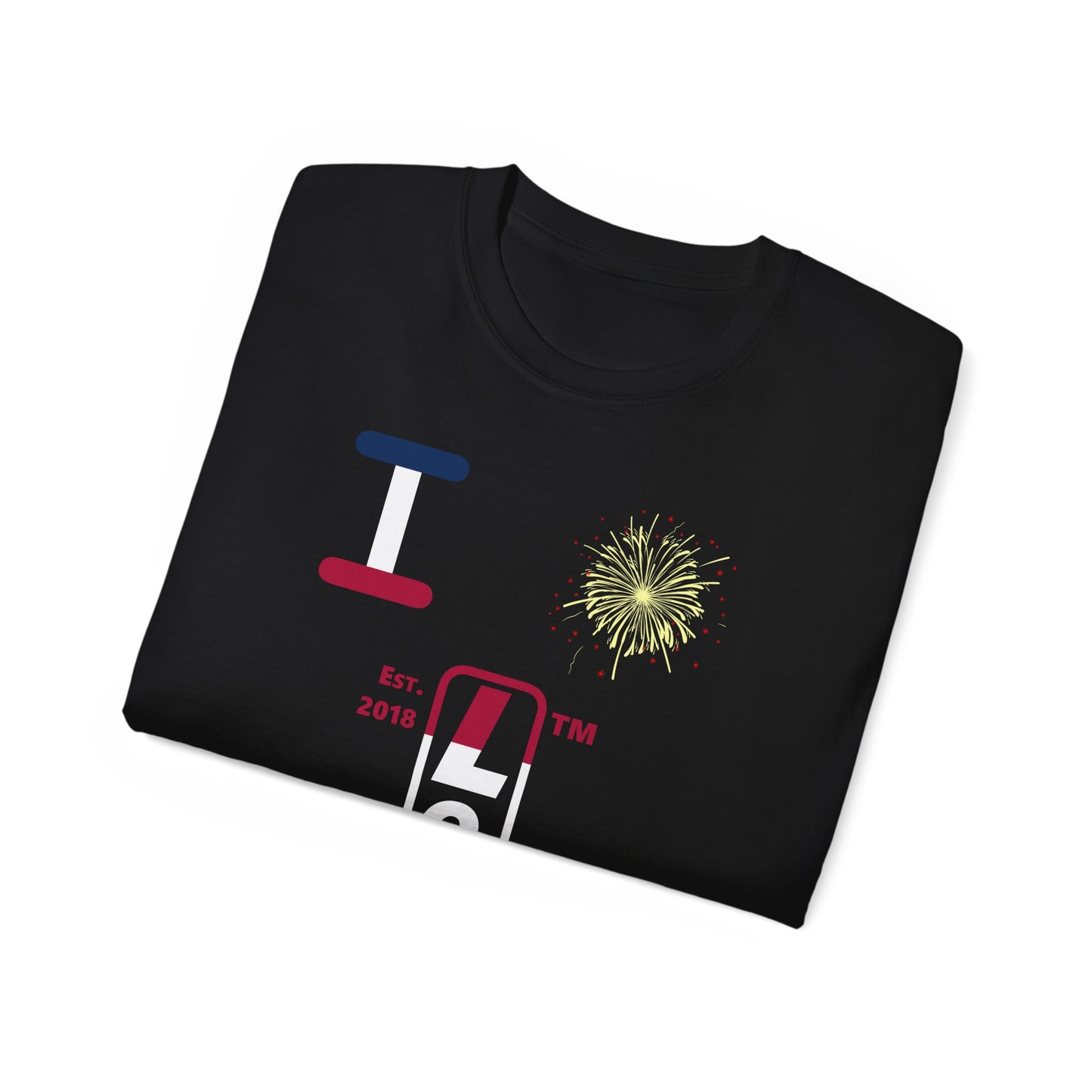 I Burst LongD cotton tee positive horizontal 6-striped Hyde Park upright logo (Patriotic colors)