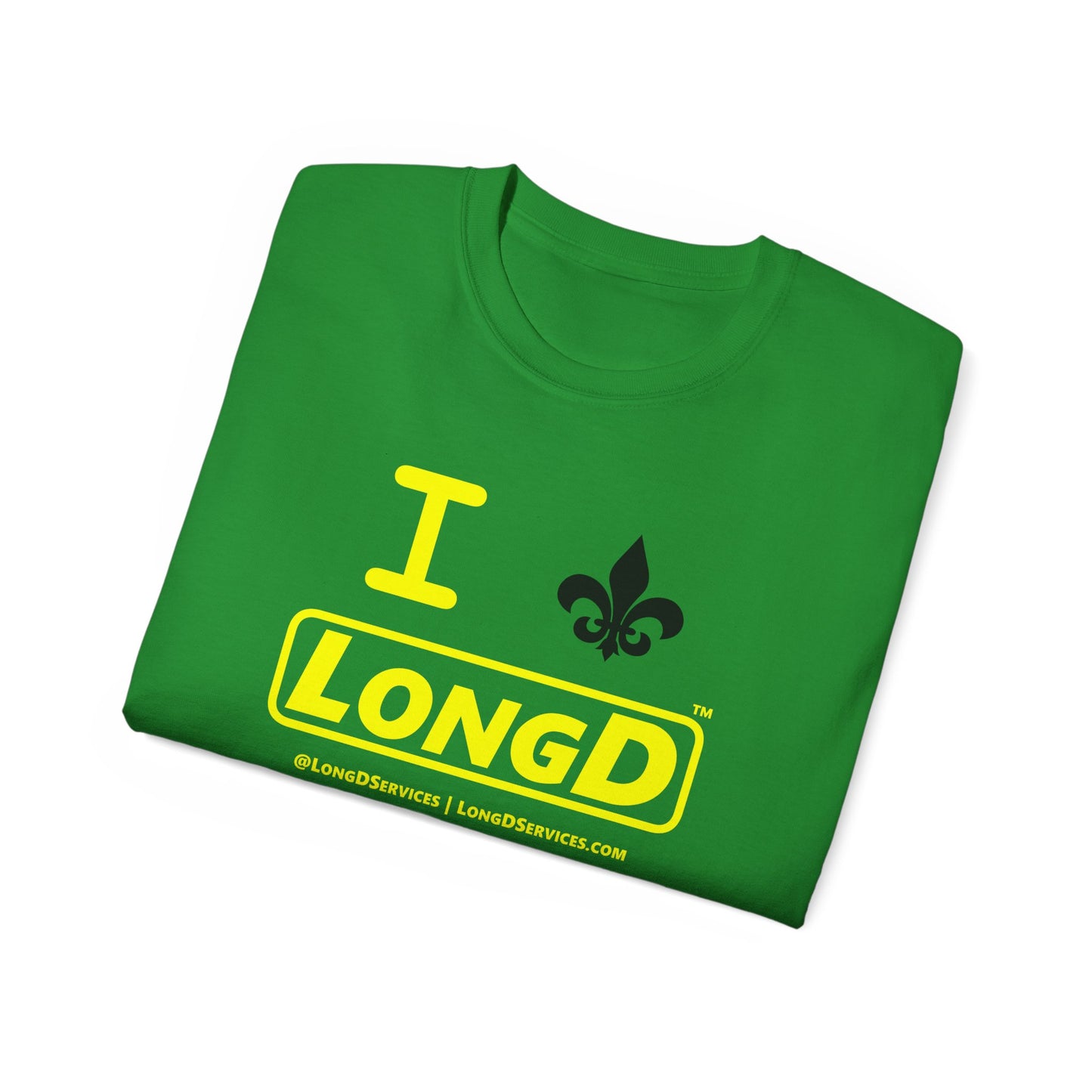 I Fleur LongD® Logo Cotton Tee (yellow text & black fleur de lis)