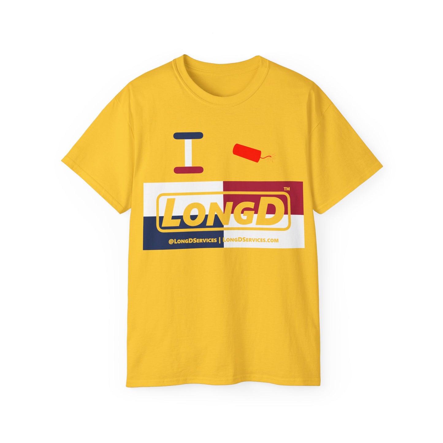 I Firecracker LongD® Logo Cotton Tee Red, White and Blue negative quarters text