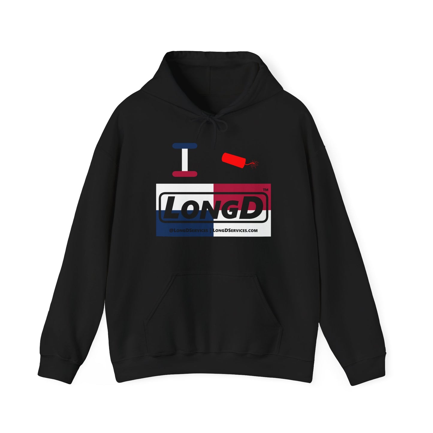 I Firecracker LongD® Logo Hoodie red, white and blue negative quarters