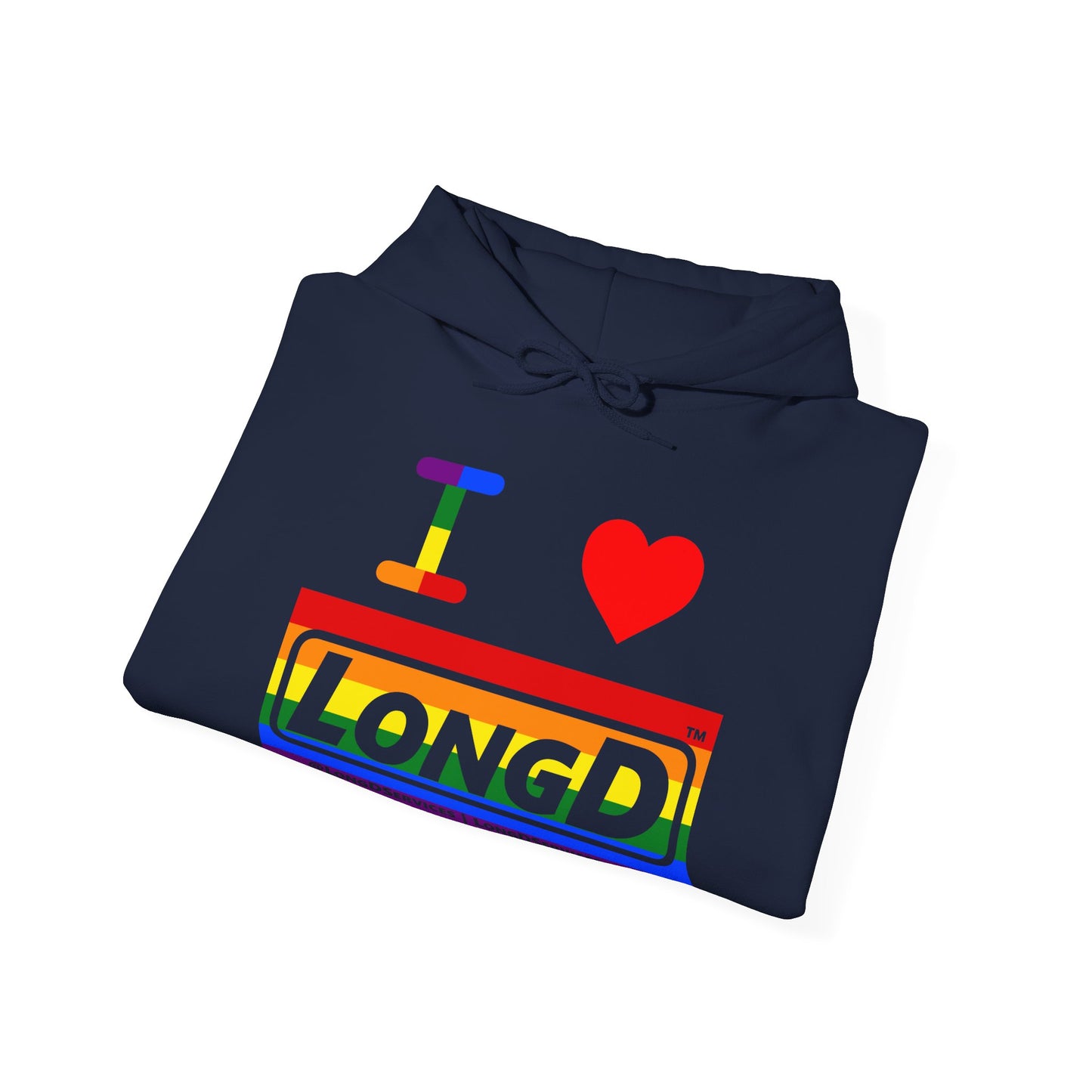 I Luv LongD® Logo Hoodie with Pride rainbow striped negative text