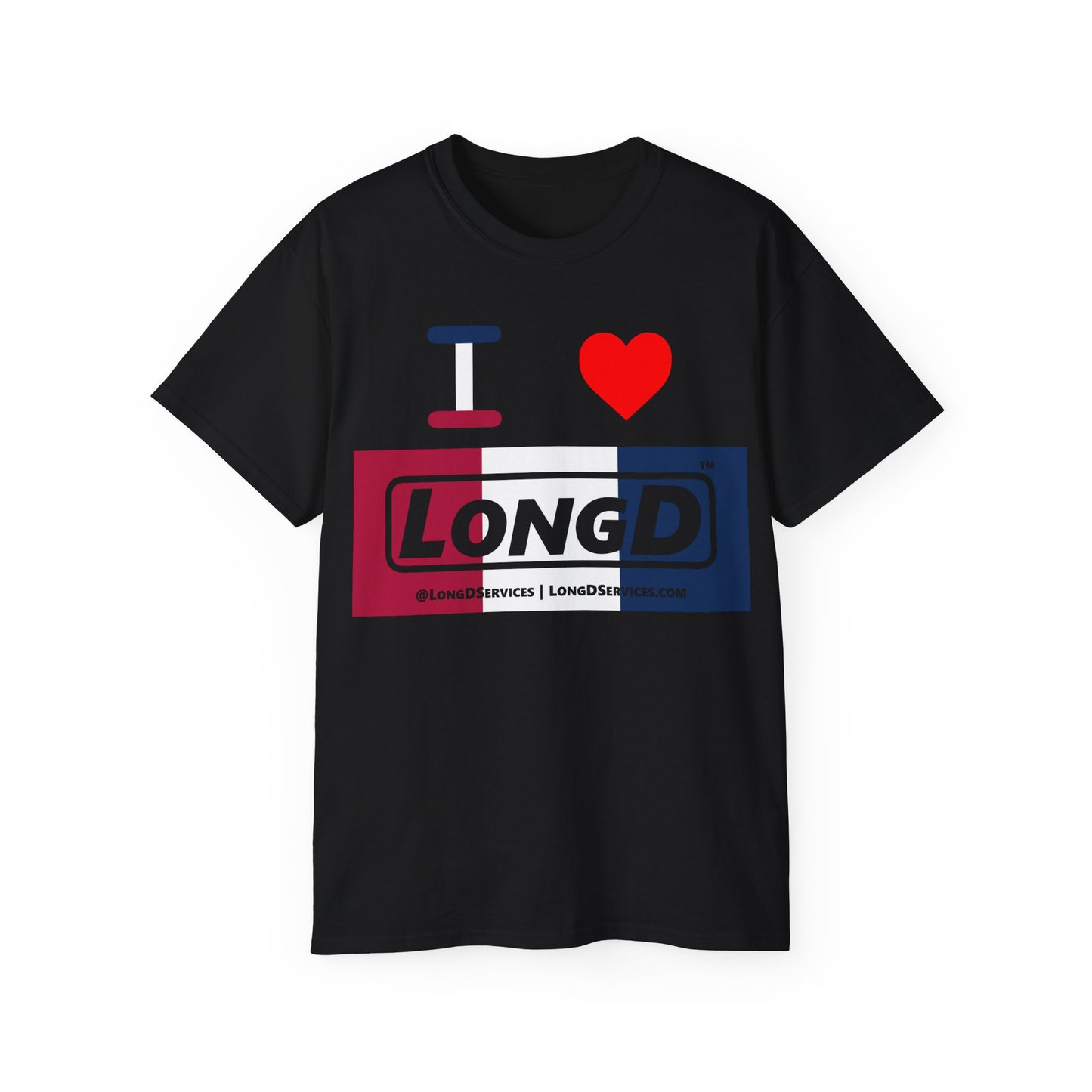 I Luv LongD® Logo Cotton Tee Red, White and Blue negative thirds text