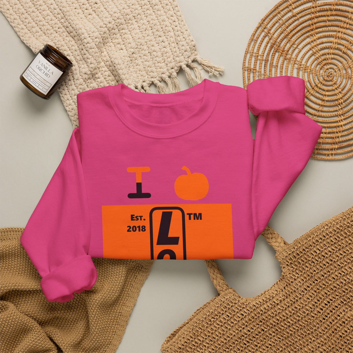 I pumpkin LongD Chicago upright logo positive black on negative orange crewneck sweatshirt