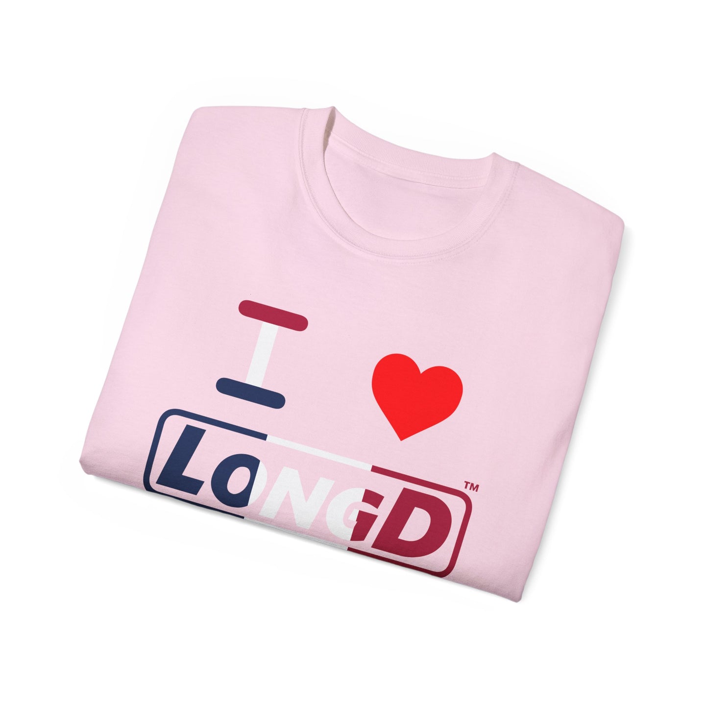 I Luv LongD® Logo Cotton Tee Blue, White and Red positive thirds text