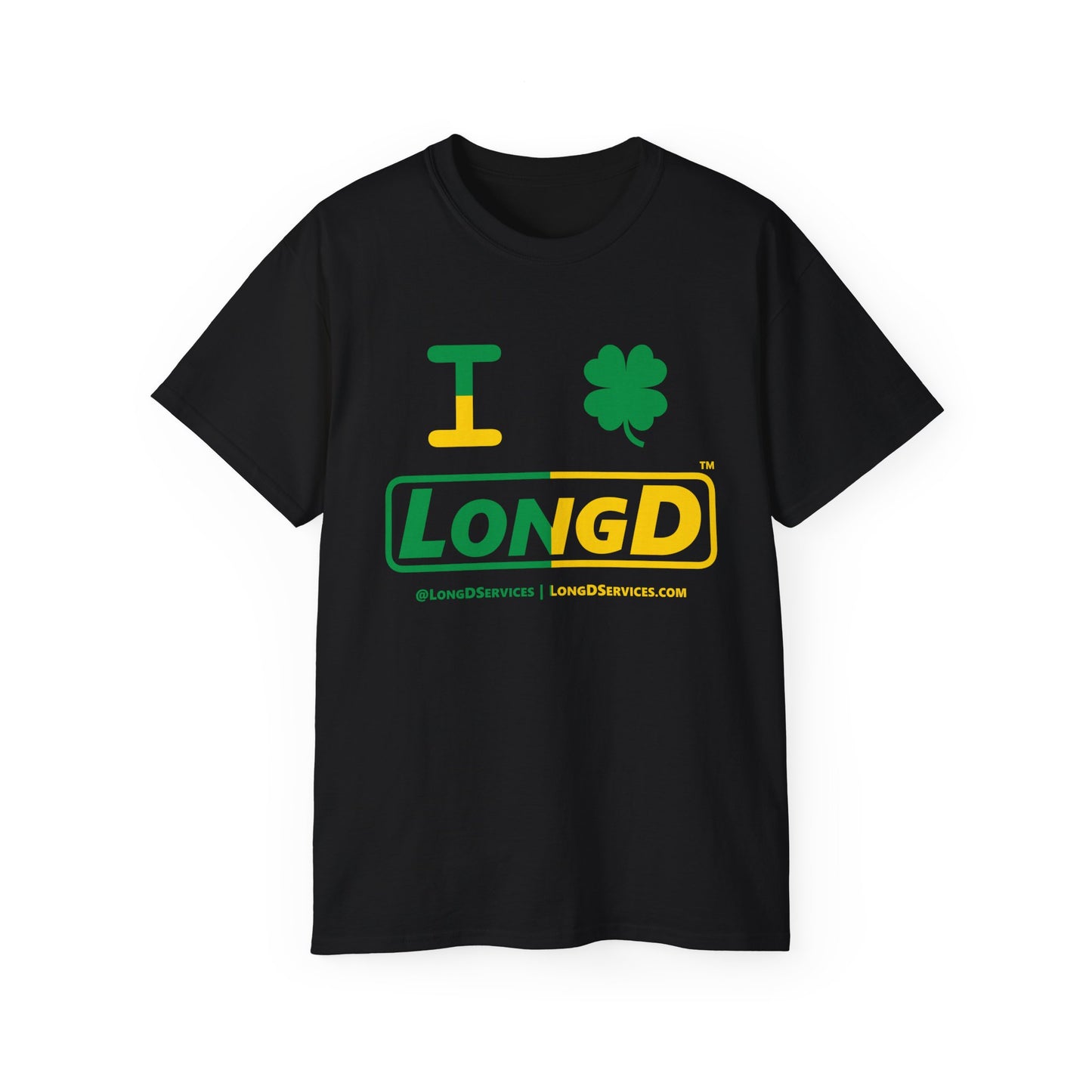 I Clover LongD® Logo Cotton Tee (St. Patrick's Day -Irish Green and Golden Yellow right-left split with 4-leaf clover)