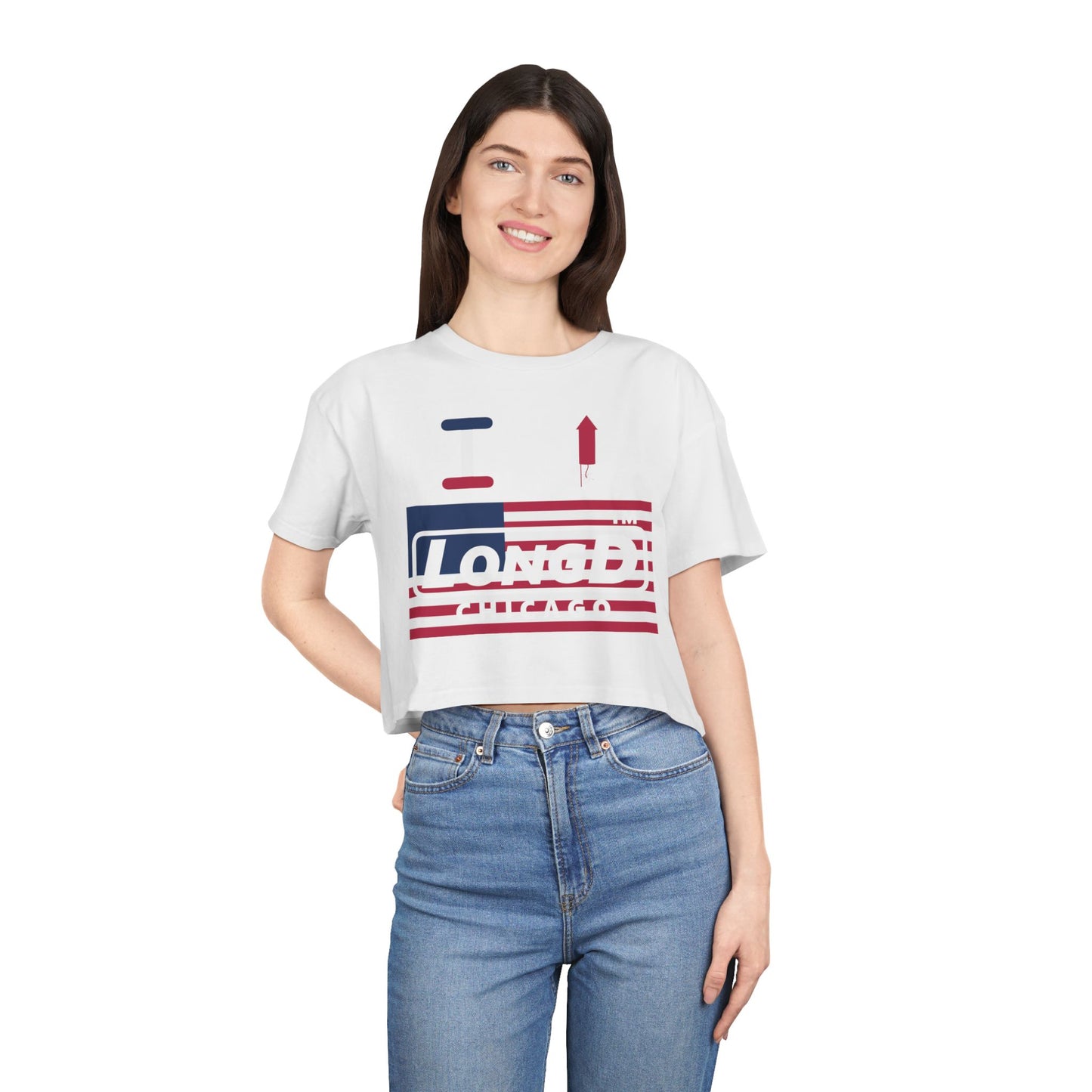 I firecracker LongD negative flag Chicago Logo Crop Tee (Patriotic colors)