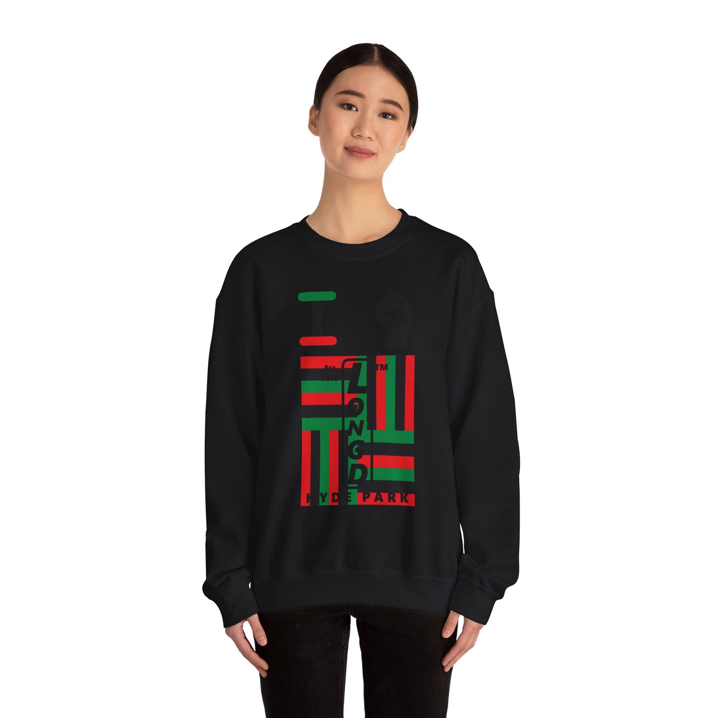 I Fist LongD negative windmill Hyde Park upright front-back logo crewneck sweatshirt