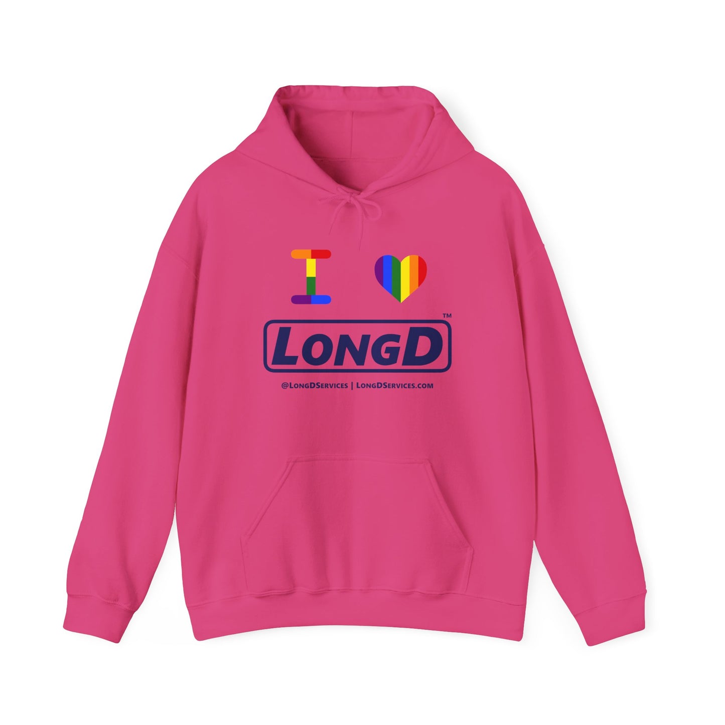 I Luv LongD® Official Logo Hoodie with Pride rainbow heart and positive text