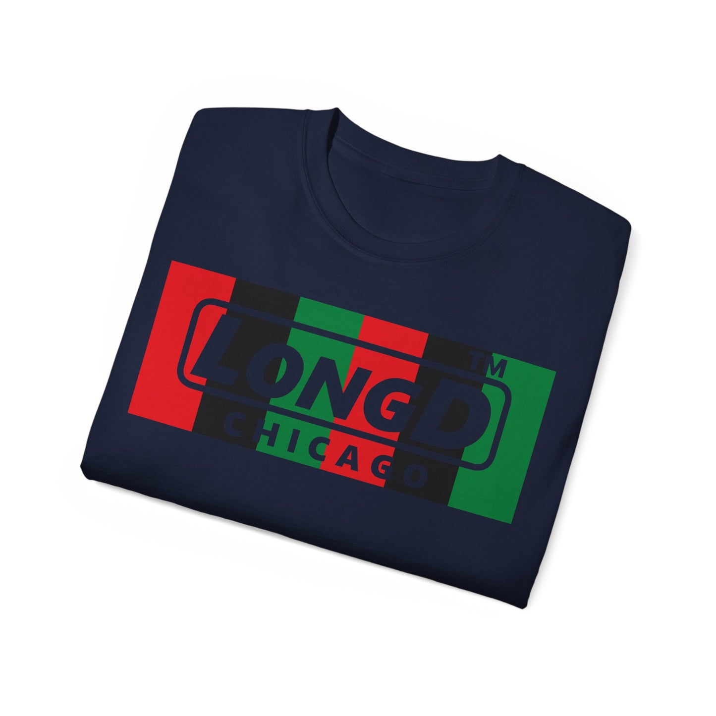 LongD negative vertical 6-striped Chicago logo front-back cotton tee (Juneteenth colors)