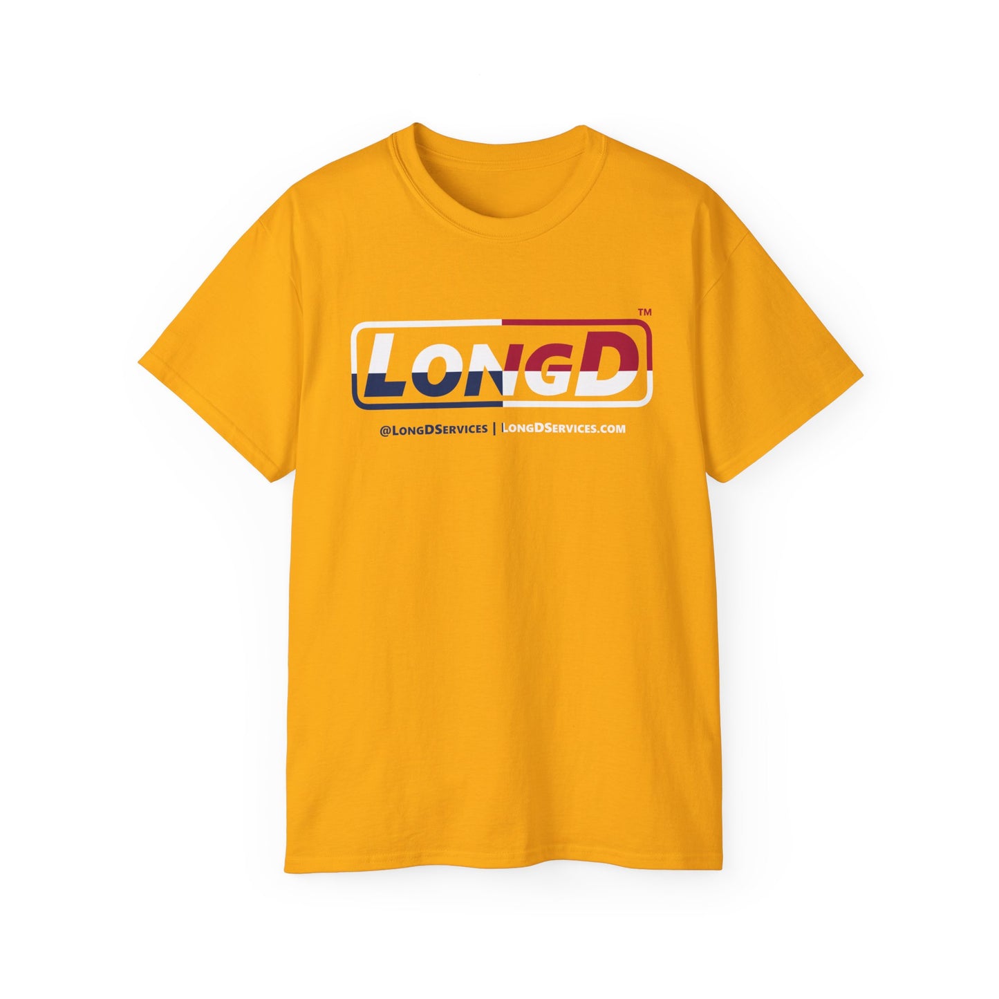 LongD® Logo Cotton Tee Red, White and Blue positive quarters text