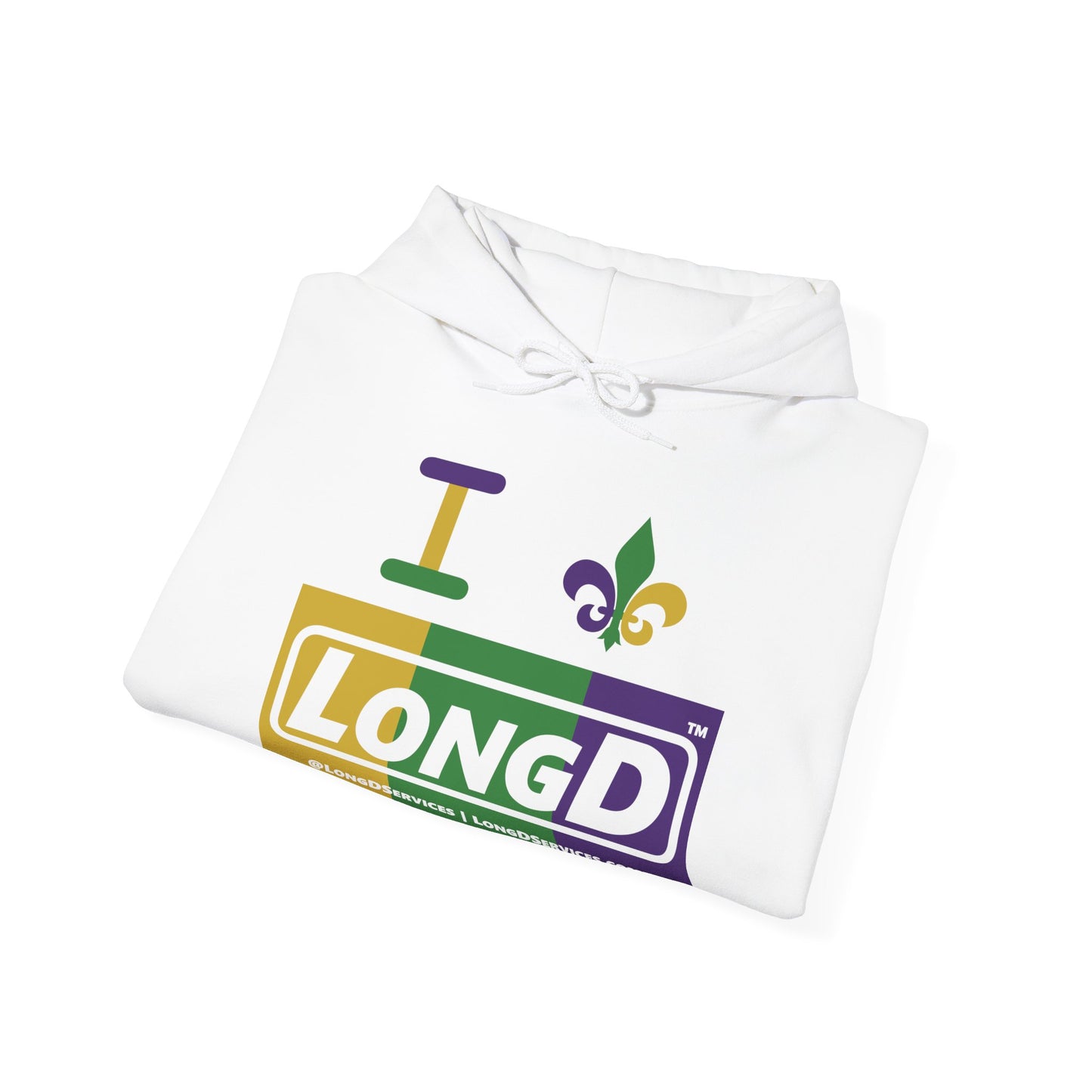 I Fleur LongD® Logo Hoodie (Mardi Gras Forest Green-Royal Purple-Goldenrod Yellow negative text)