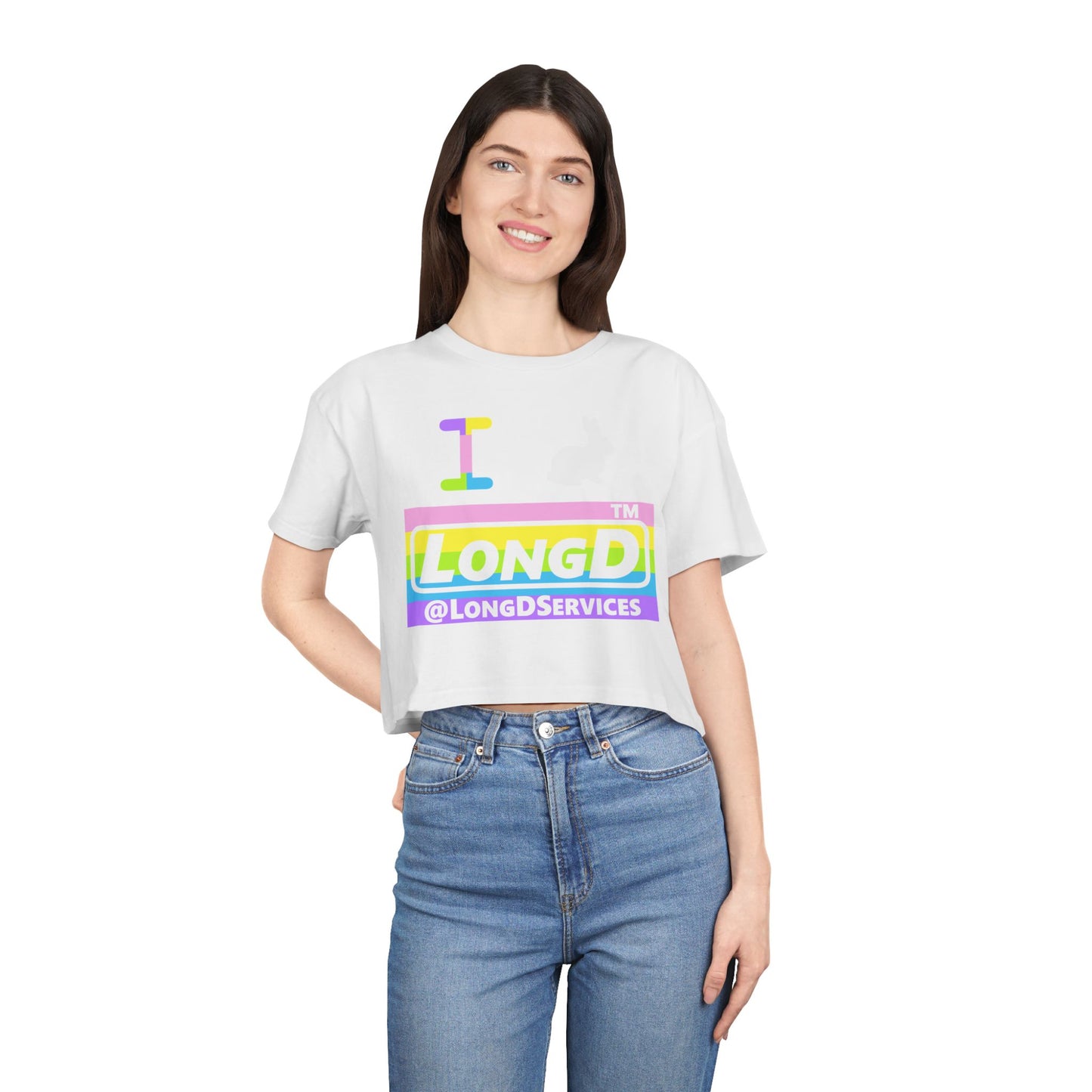 I Bunny LongD negative horizontal striped Tag Logo Crop Tee