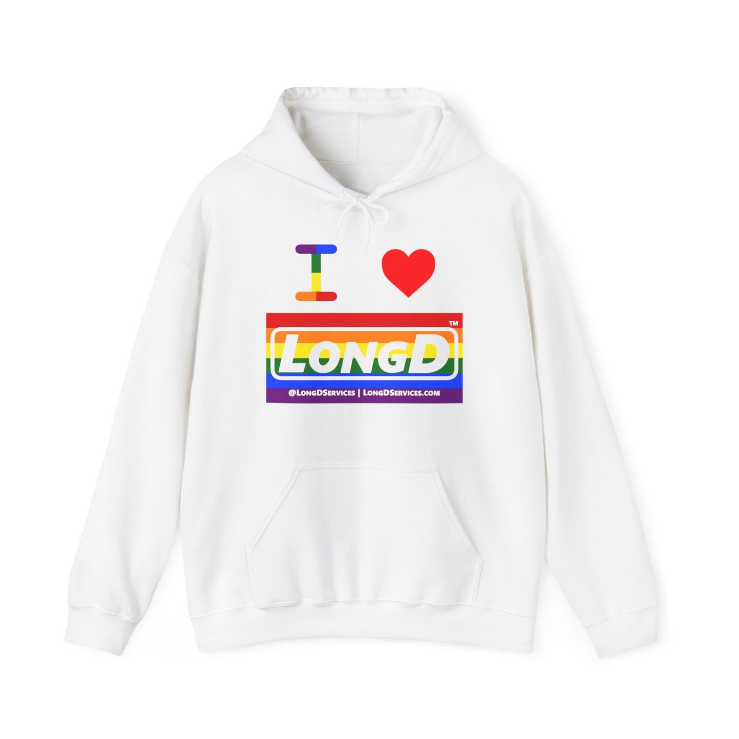 I Luv LongD® Logo Hoodie with Pride rainbow striped negative text