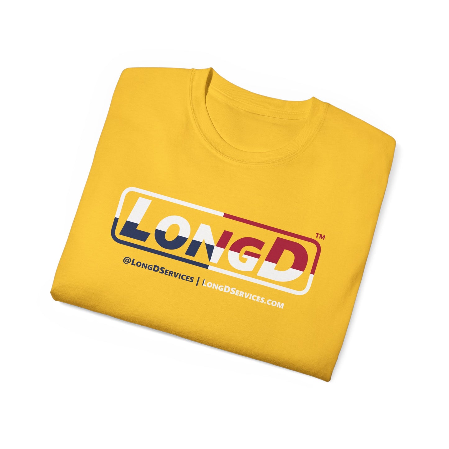LongD® Logo Cotton Tee Red, White and Blue positive quarters text