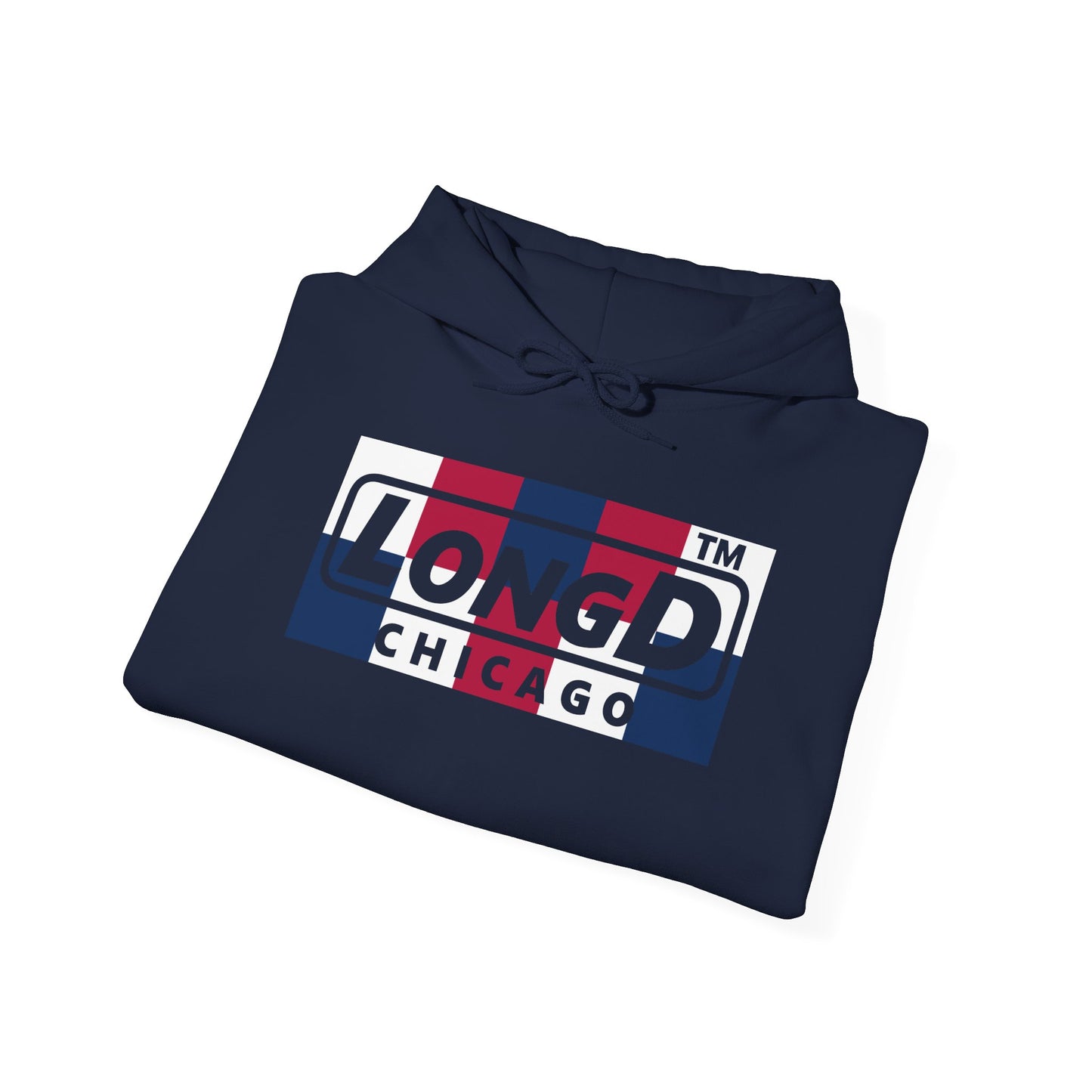 LongD® negative 2x5 4-print double breasted Chicago logo hoodie (patriotic colors)