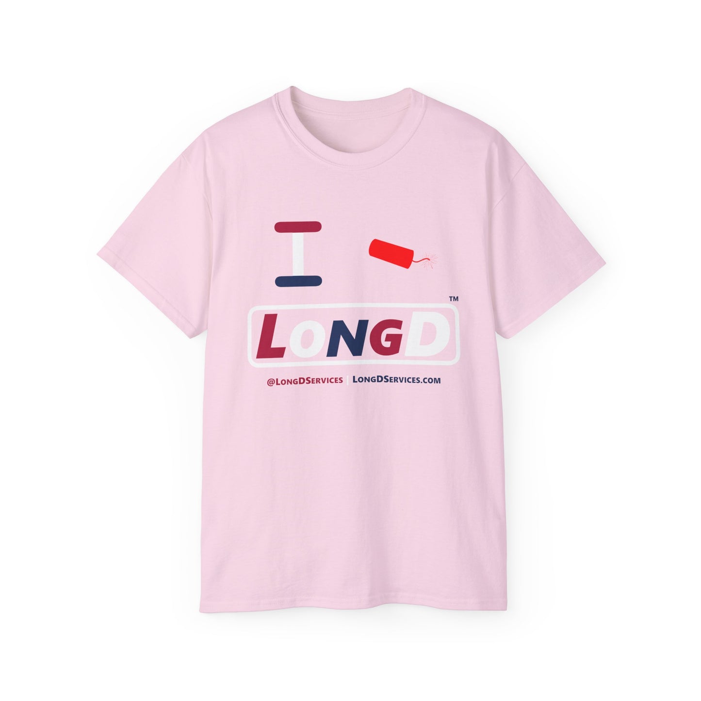 I Firecracker LongD® Logo Cotton Tee Red, White and Blue positive varied elements text