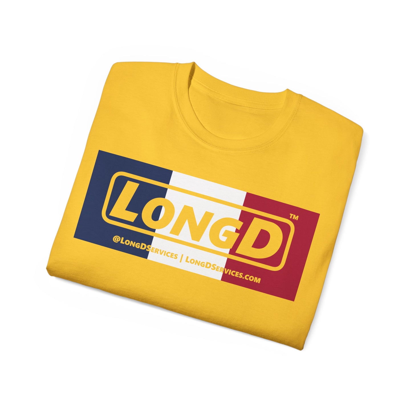 LongD® Logo Cotton Tee Blue, White and Red negative thirds text