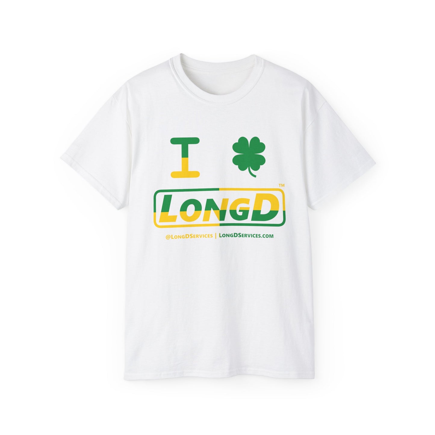 I Clover LongD® Logo Cotton Tee (St. Patrick's Day -Irish Green and Golden Yellow quarter split with 4-leaf clover)