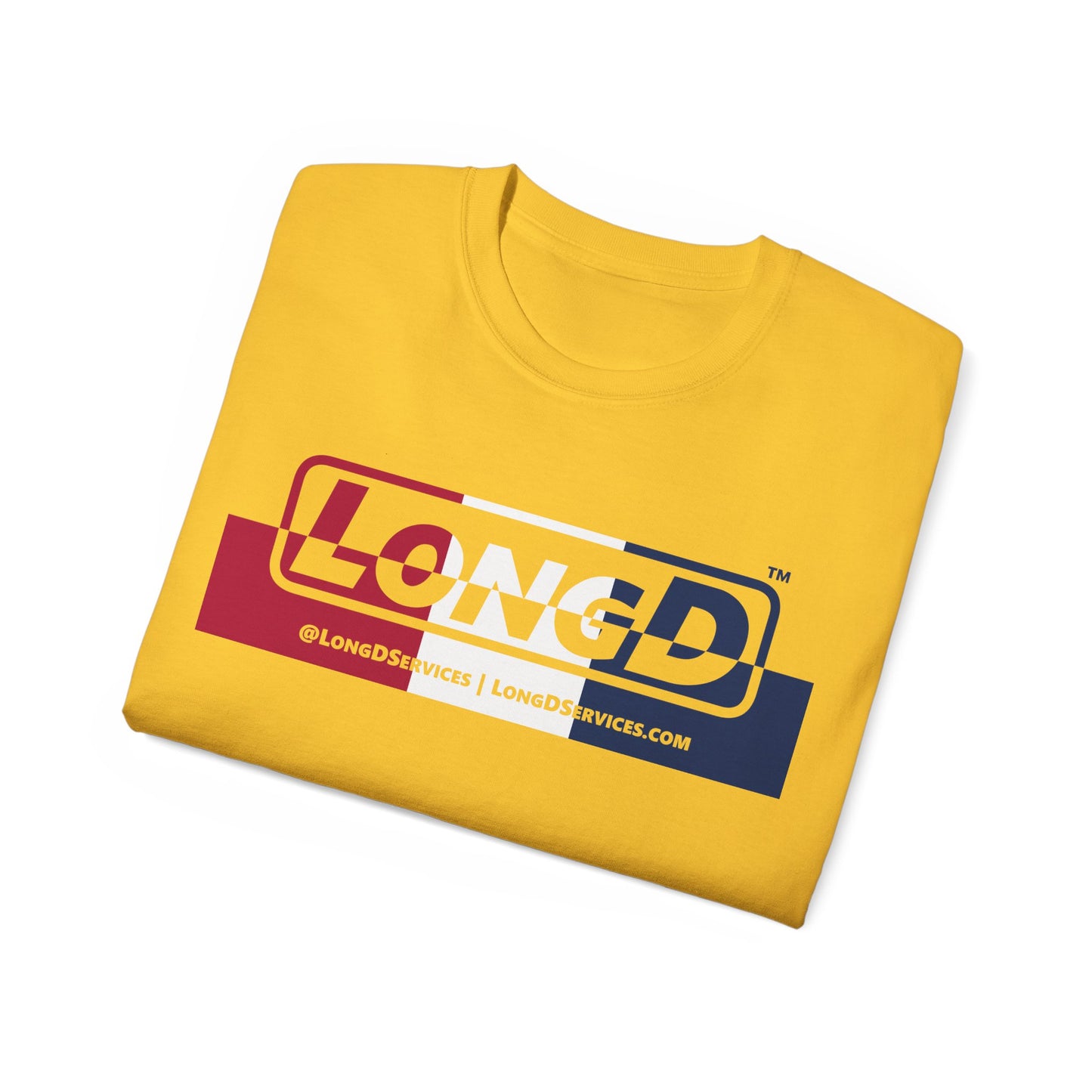 LongD® Logo Cotton Tee Red, White and Blue positive top negative bottom thirds text