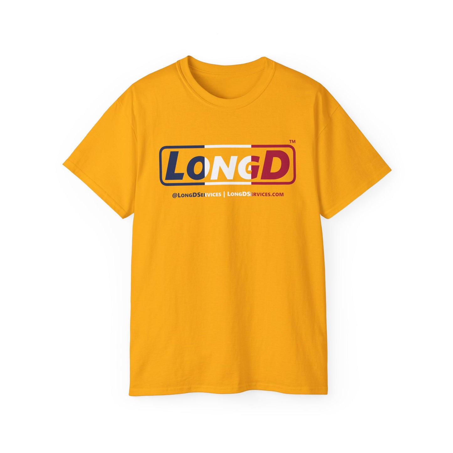 LongD® Logo Cotton Tee Blue, White and Red positive thirds text